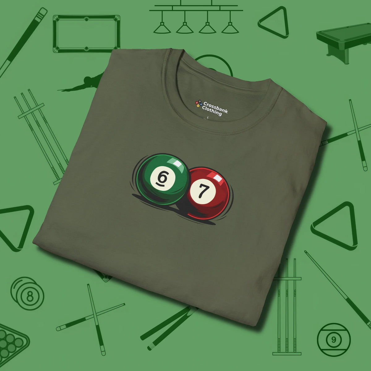 Six Seven T-Shirt, folded view, in Military Green for shooters who dress like they play: sharp