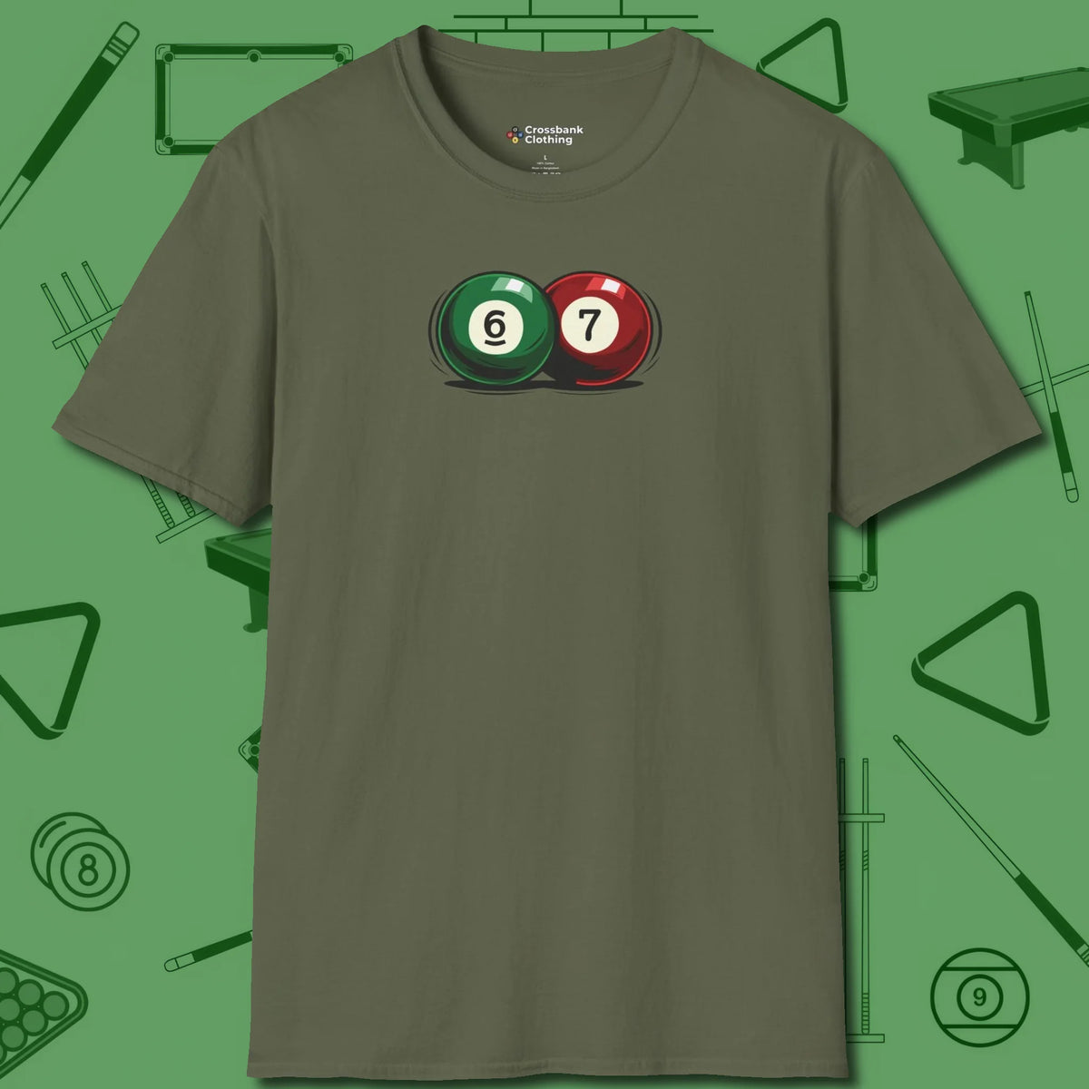 Six Seven T-Shirt, front view, in Military Green not your average 8-ball graphic tee