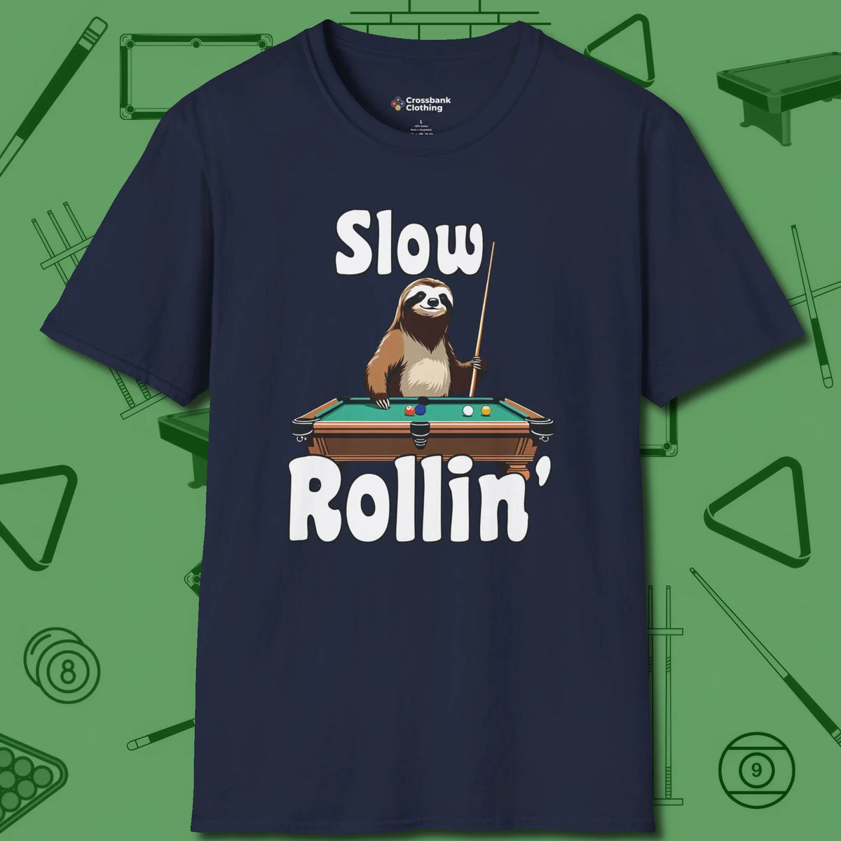 Slow Rollin' Sloth T-Shirt, front view, in Navy precise, confident, always in control