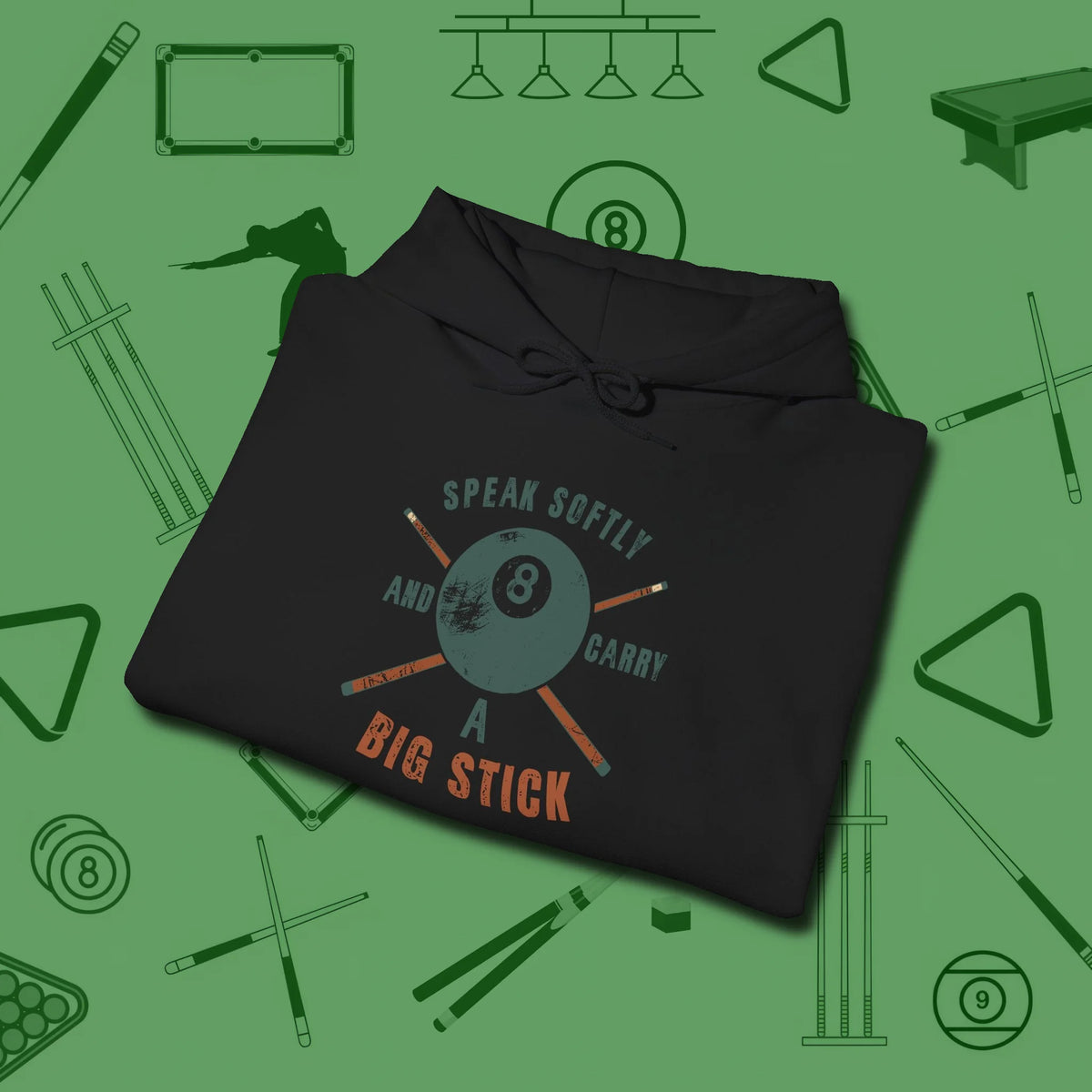 Speak Softly and Carry a Big Stick Hoodie, folded view, in Black a clean fit for the dirtiest safeties