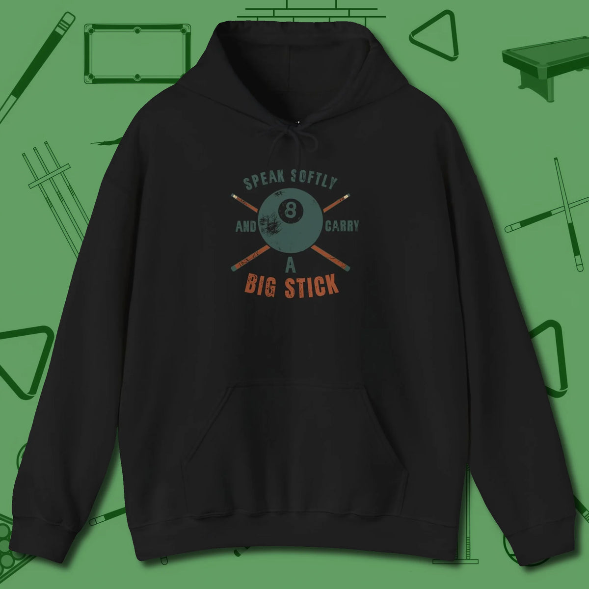 Speak Softly and Carry a Big Stick Hoodie, front view, in Black the official uniform of the after-hours crew