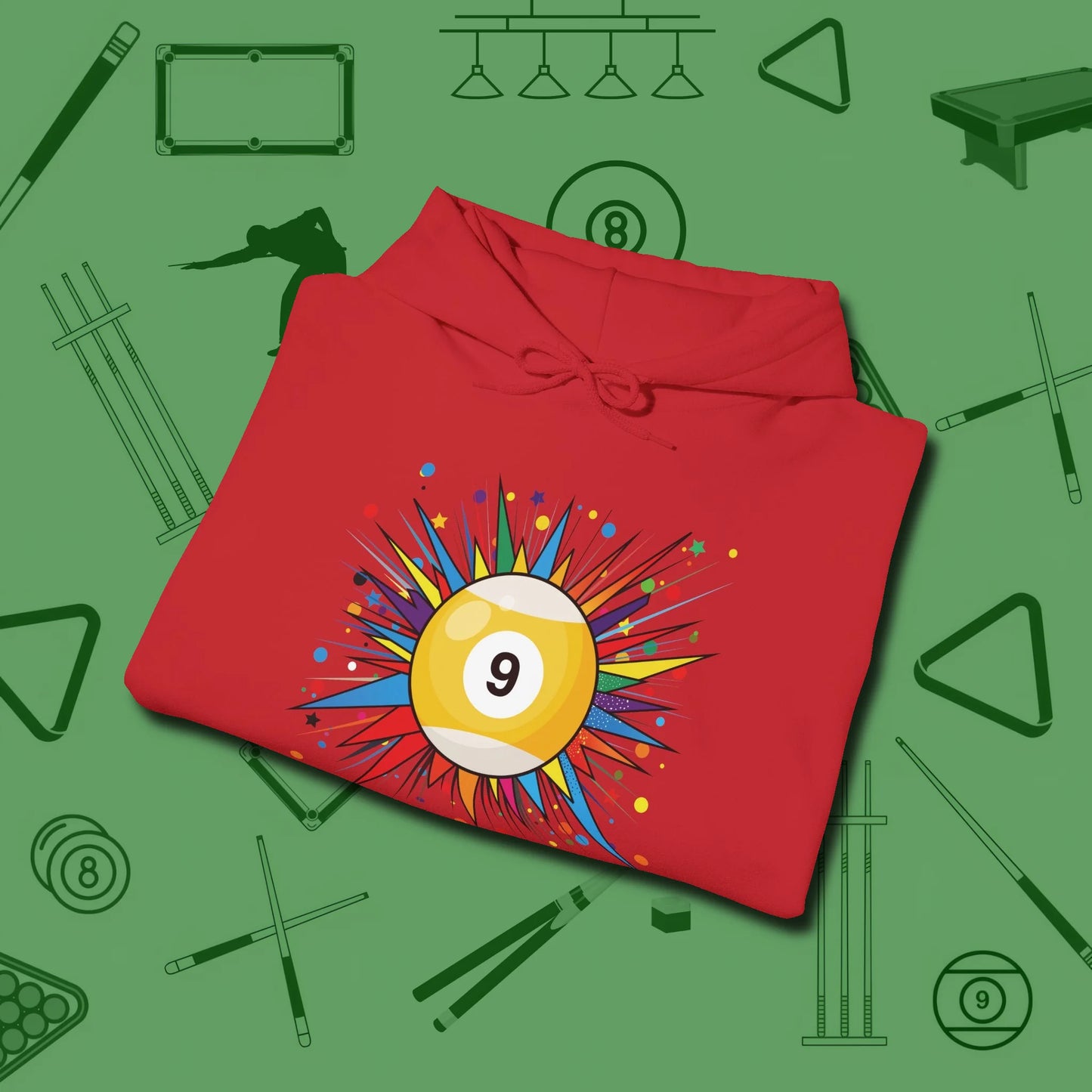 Spiky Pop Art Nine Ball Hoodie, folded view, in Red designed for dead stroke and deadpan looks