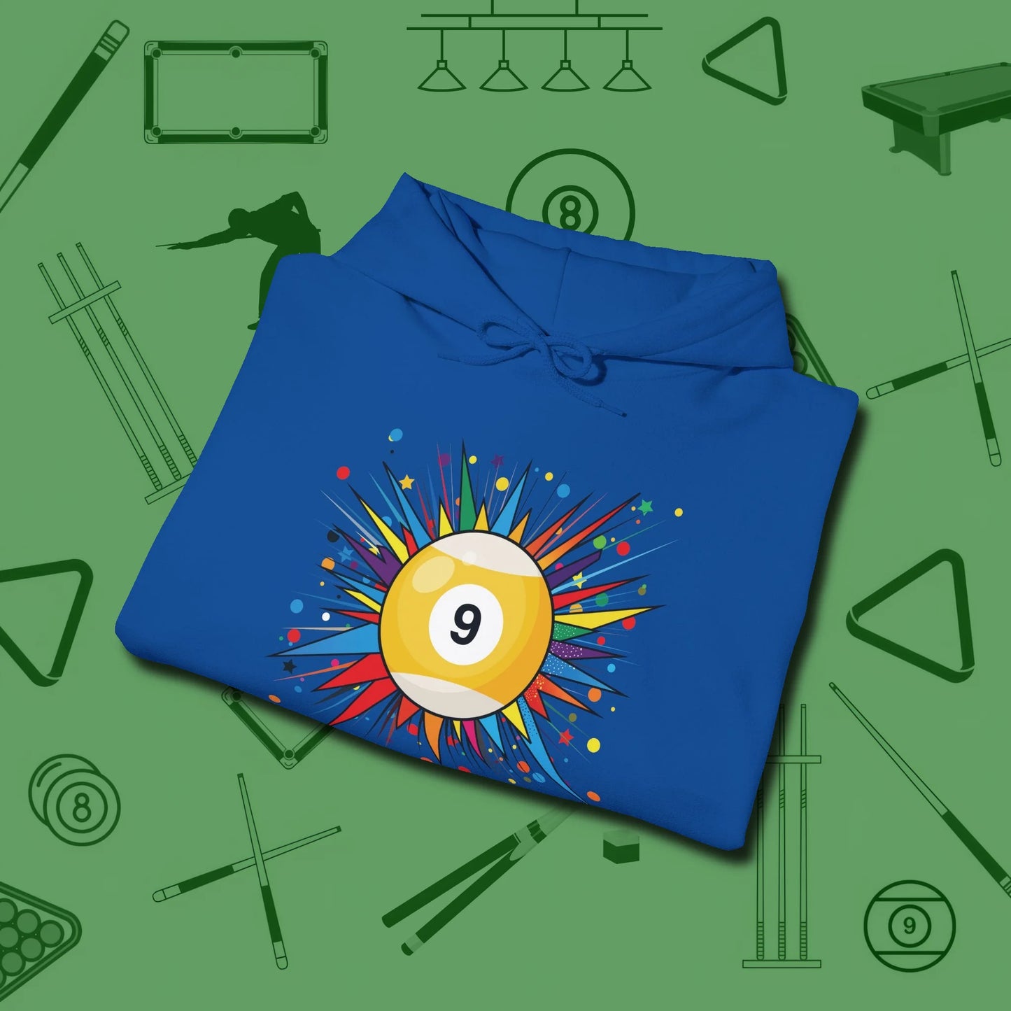Spiky Pop Art Nine Ball Hoodie, folded view, in Royal look good while calling your pocket