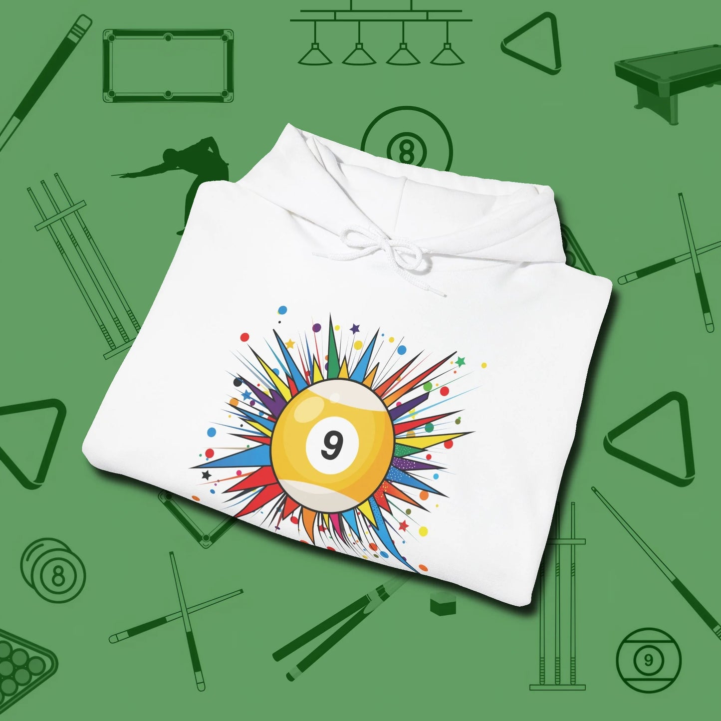 Spiky Pop Art Nine Ball Hoodie, folded view, in White put your best game on display
