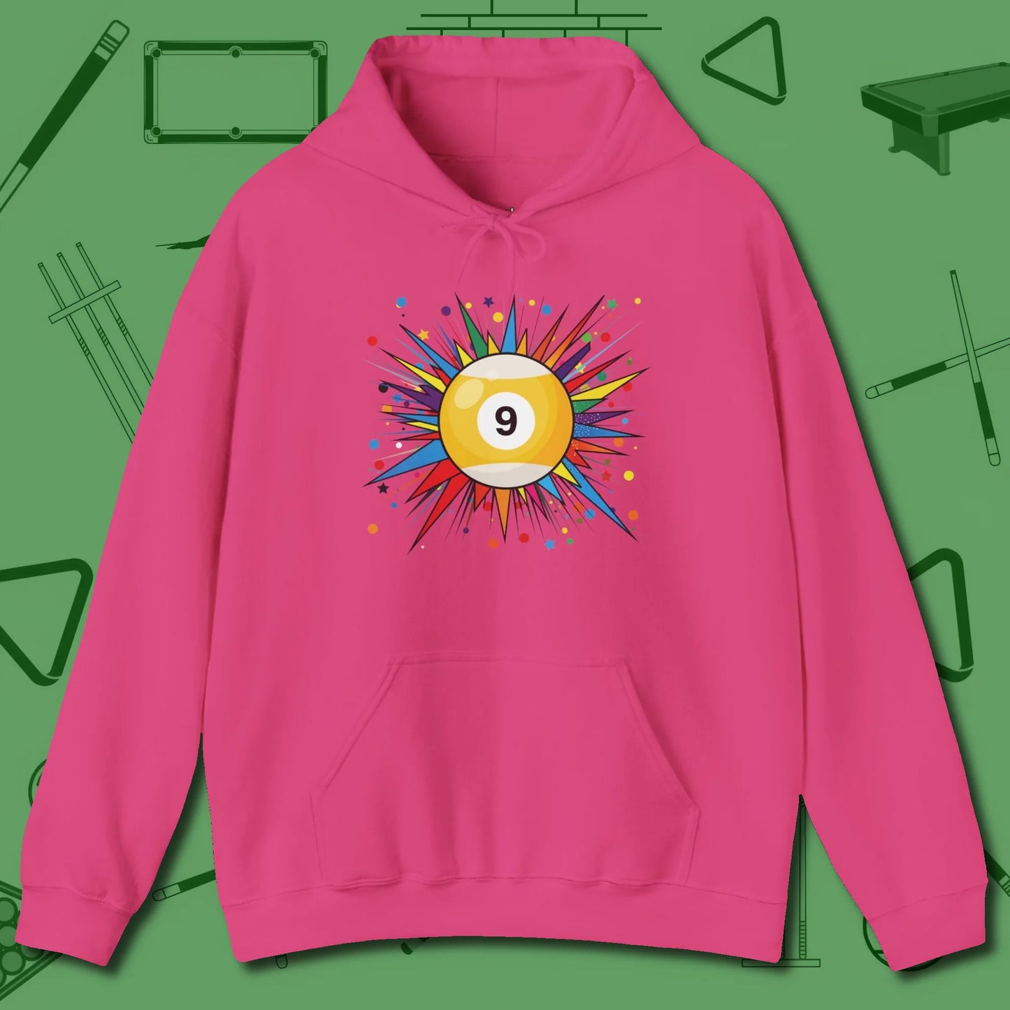 Spiky Pop Art Nine Ball Hoodie, front view, in Heliconia cool enough for a corner pocket finish