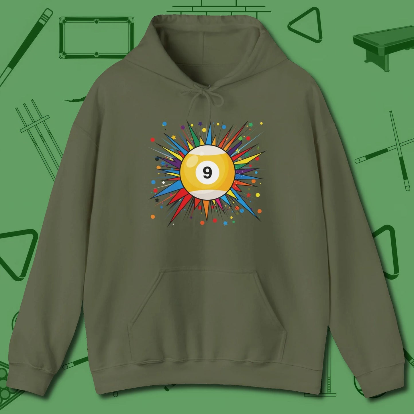 Spiky Pop Art Nine Ball Hoodie, front view, in Military Green precise, confident, always in control