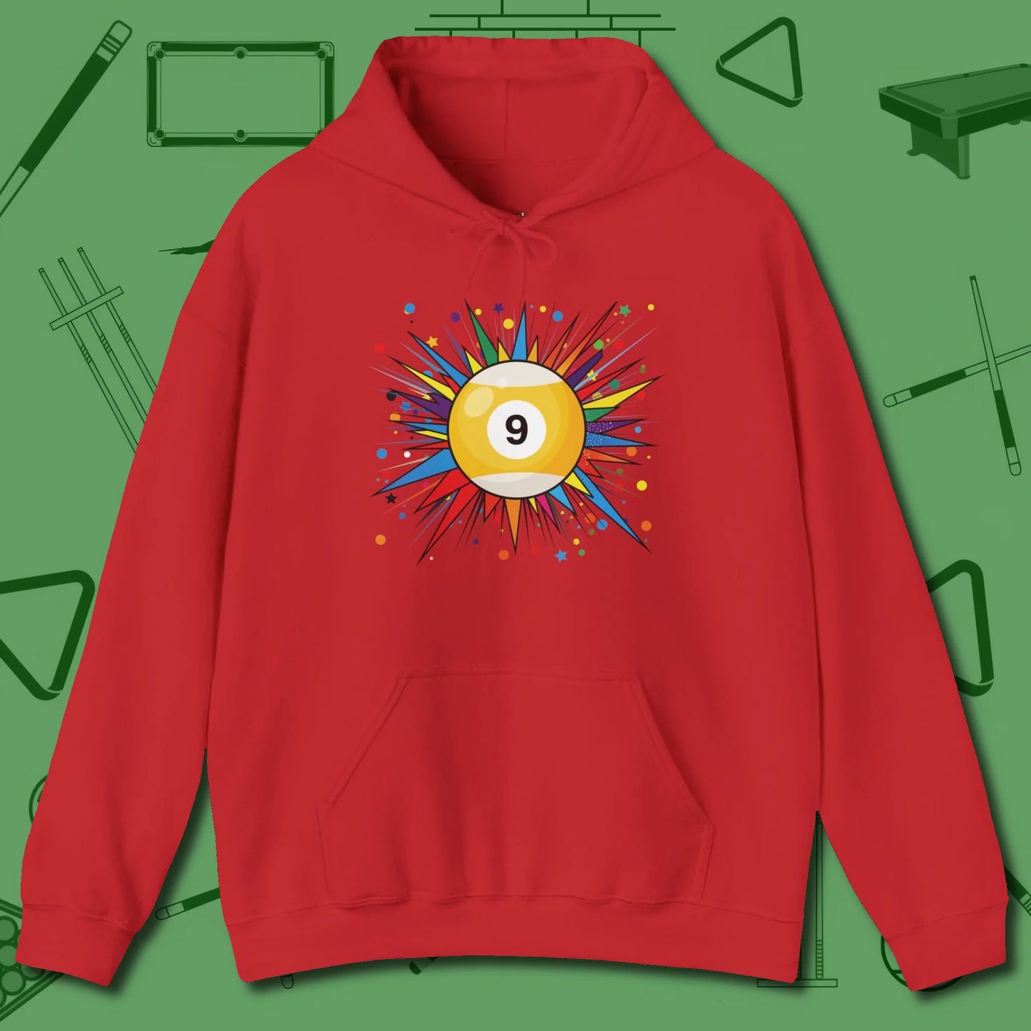 Spiky Pop Art Nine Ball Hoodie, front view, in Red cue sports swagger done right