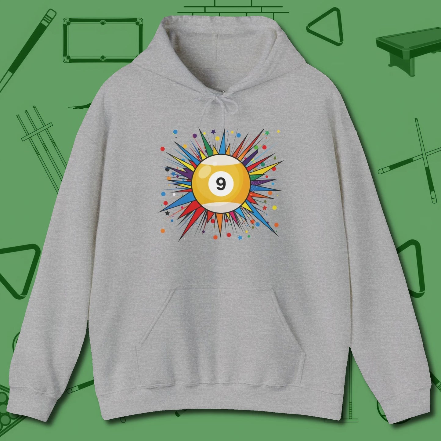 Spiky Pop Art Nine Ball Hoodie, front view, in Sport Grey dress for the shot you want to take
