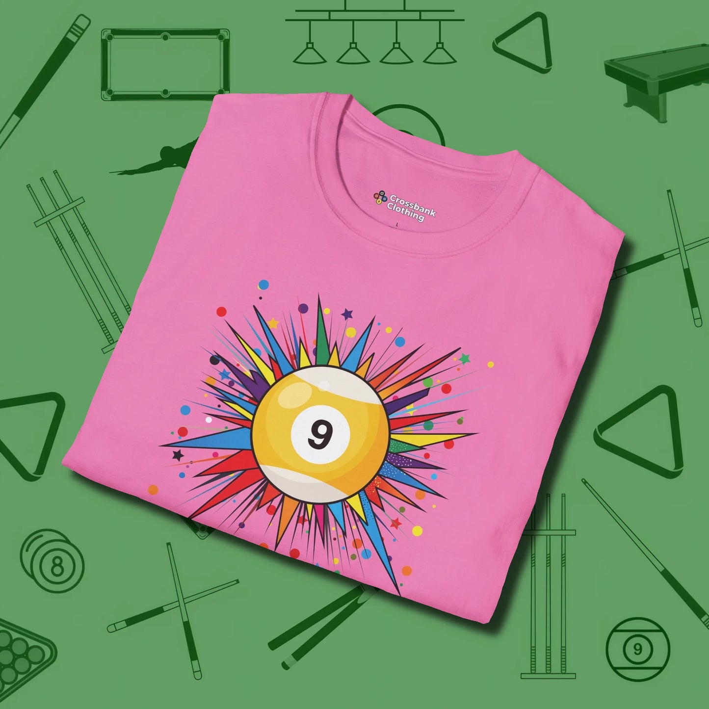 Spiky Pop Art Nine Ball T-Shirt, folded view, in Azalea ideal for clean hits and clean fits