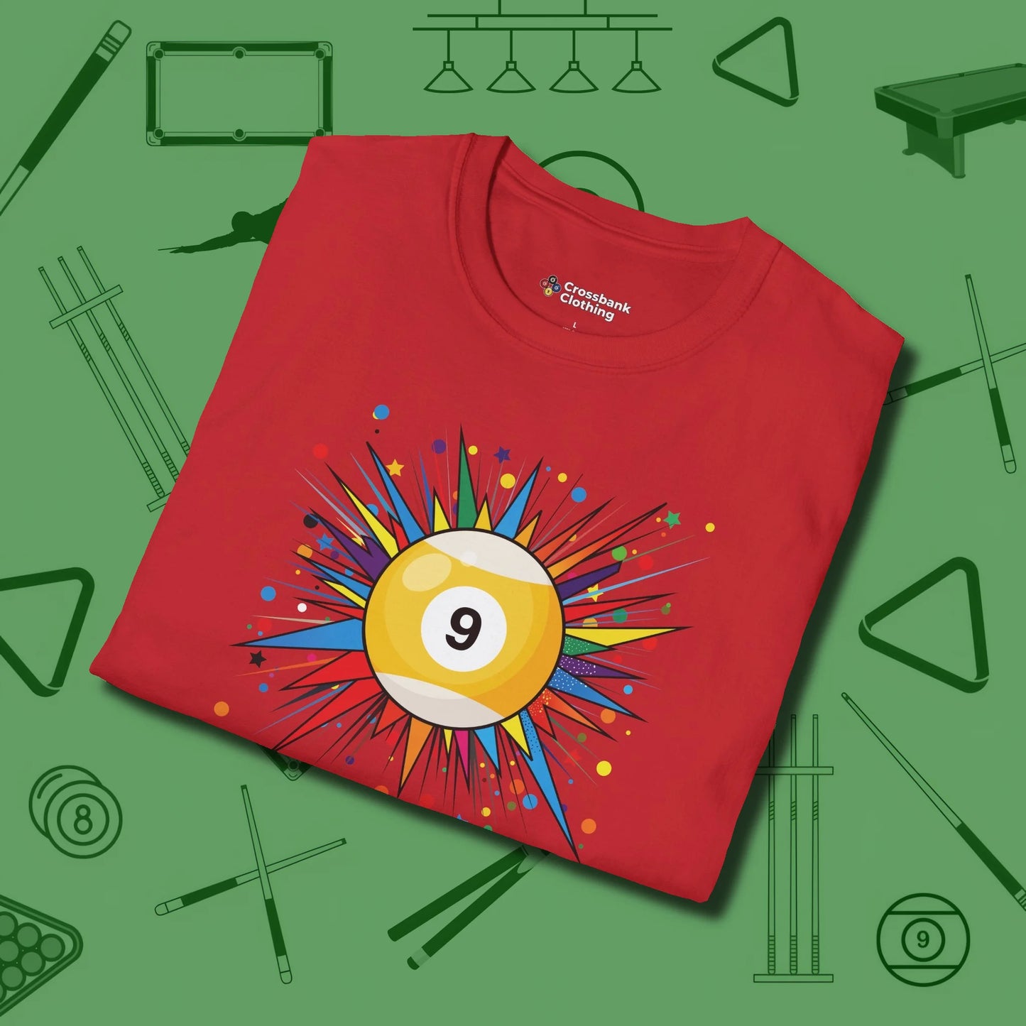 Spiky Pop Art Nine Ball T-Shirt, folded view, in Red built for bold breaks and quiet confidence