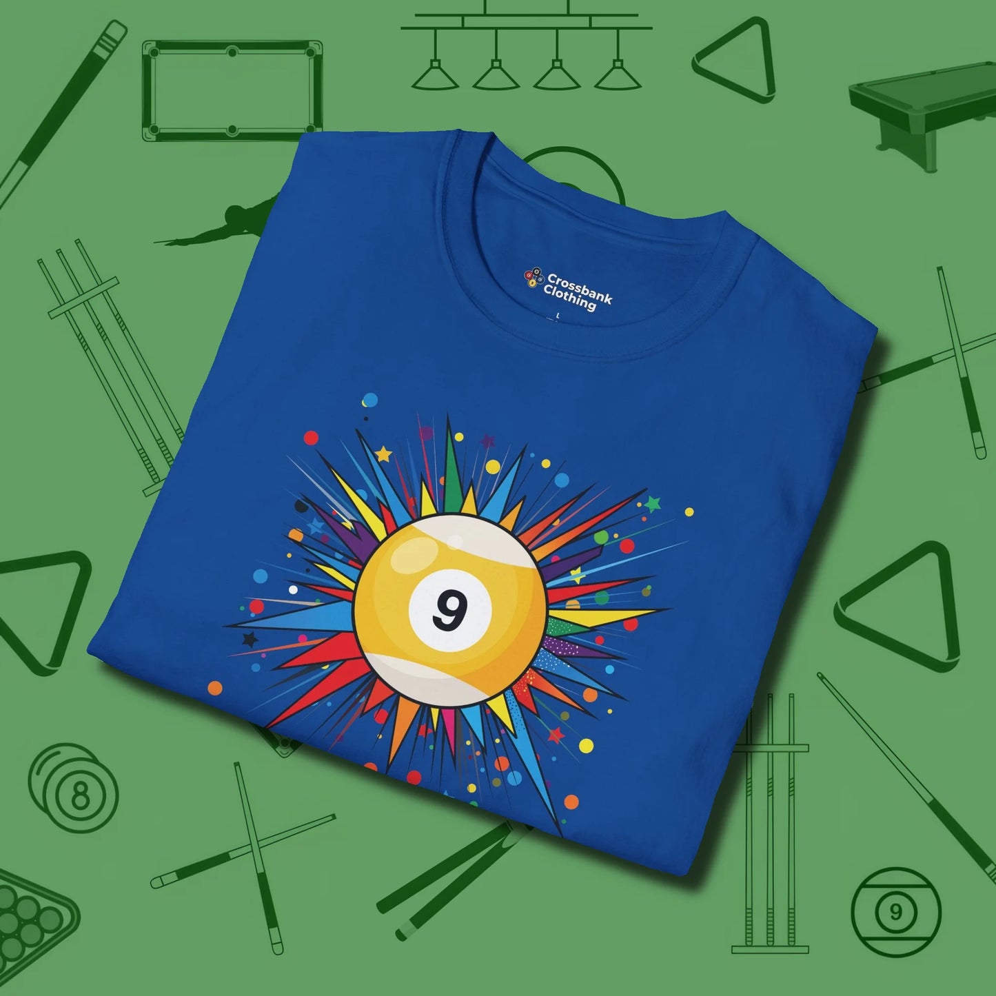 Spiky Pop Art Nine Ball T-Shirt, folded view, in Royal break, run out, turn heads — repeat