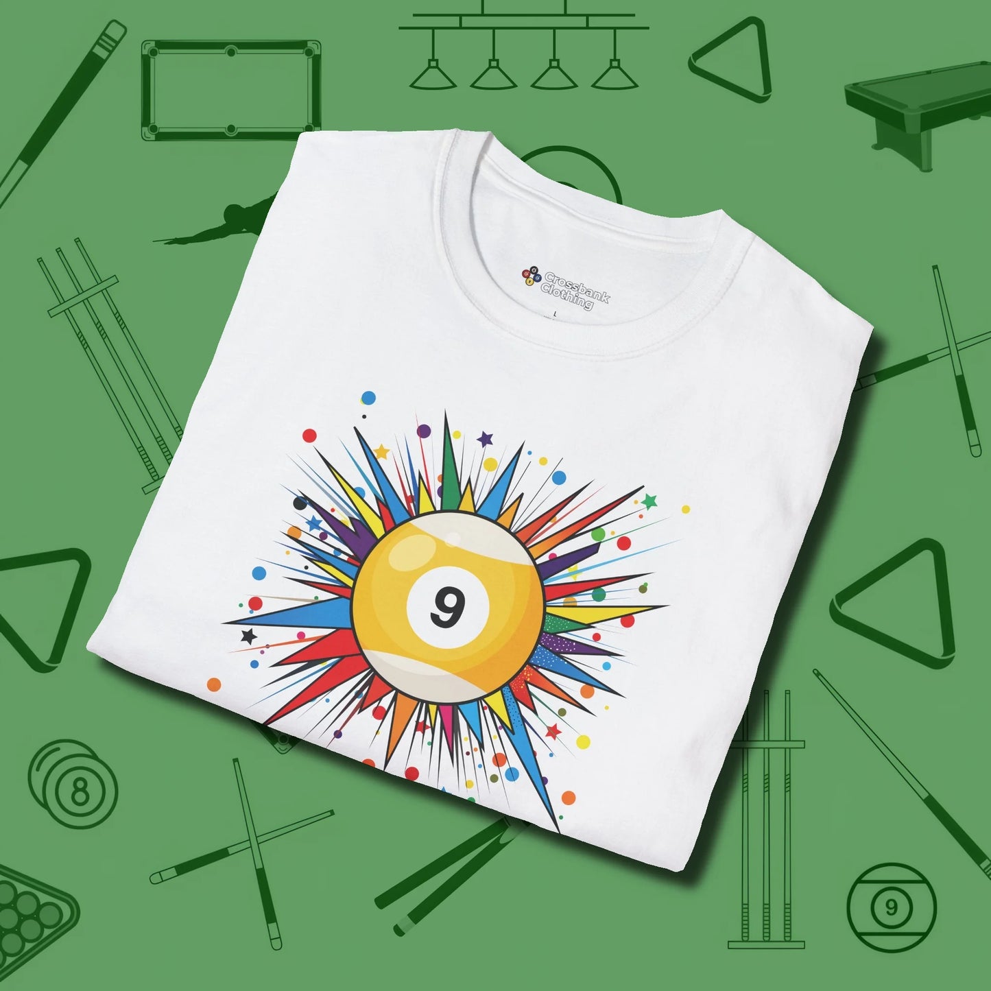 Spiky Pop Art Nine Ball T-Shirt, folded view, in White confidence stitched in every seam