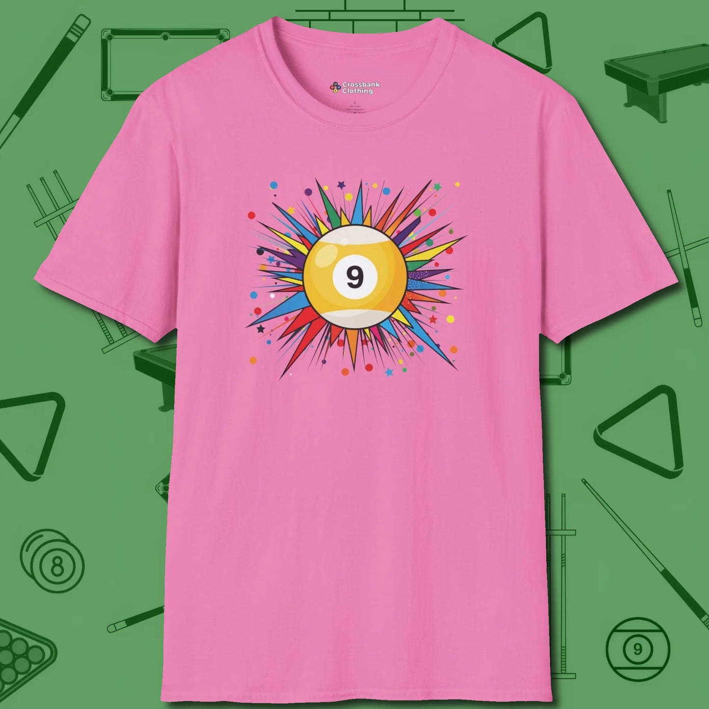 Spiky Pop Art Nine Ball T-Shirt, front view, in Azalea designed for dead stroke and deadpan looks