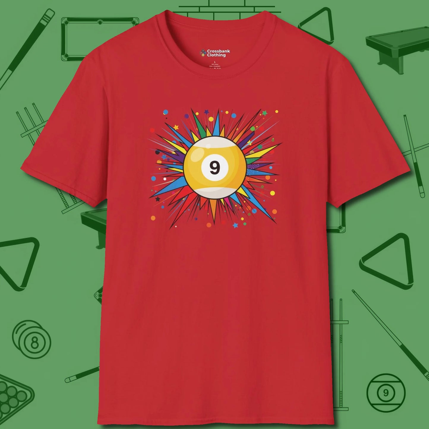 Spiky Pop Art Nine Ball T-Shirt, front view, in Red designed for dead stroke and deadpan looks