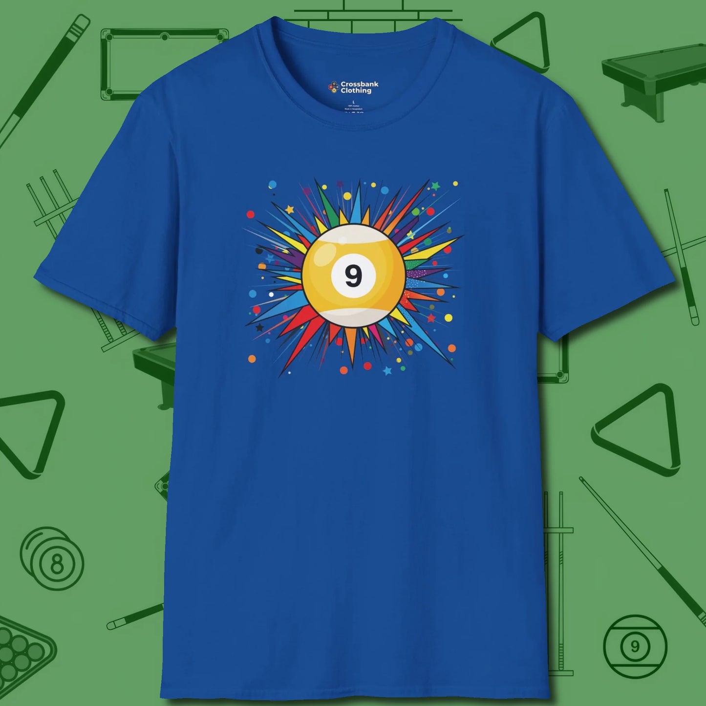 Spiky Pop Art Nine Ball T-Shirt, front view, in Royal earns respect before the first shot