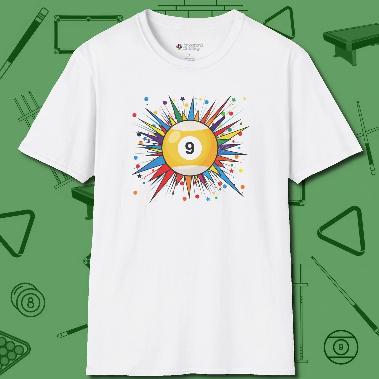 Spiky Pop Art Nine Ball T-Shirt, front view, in White for hustlers who keep it honest