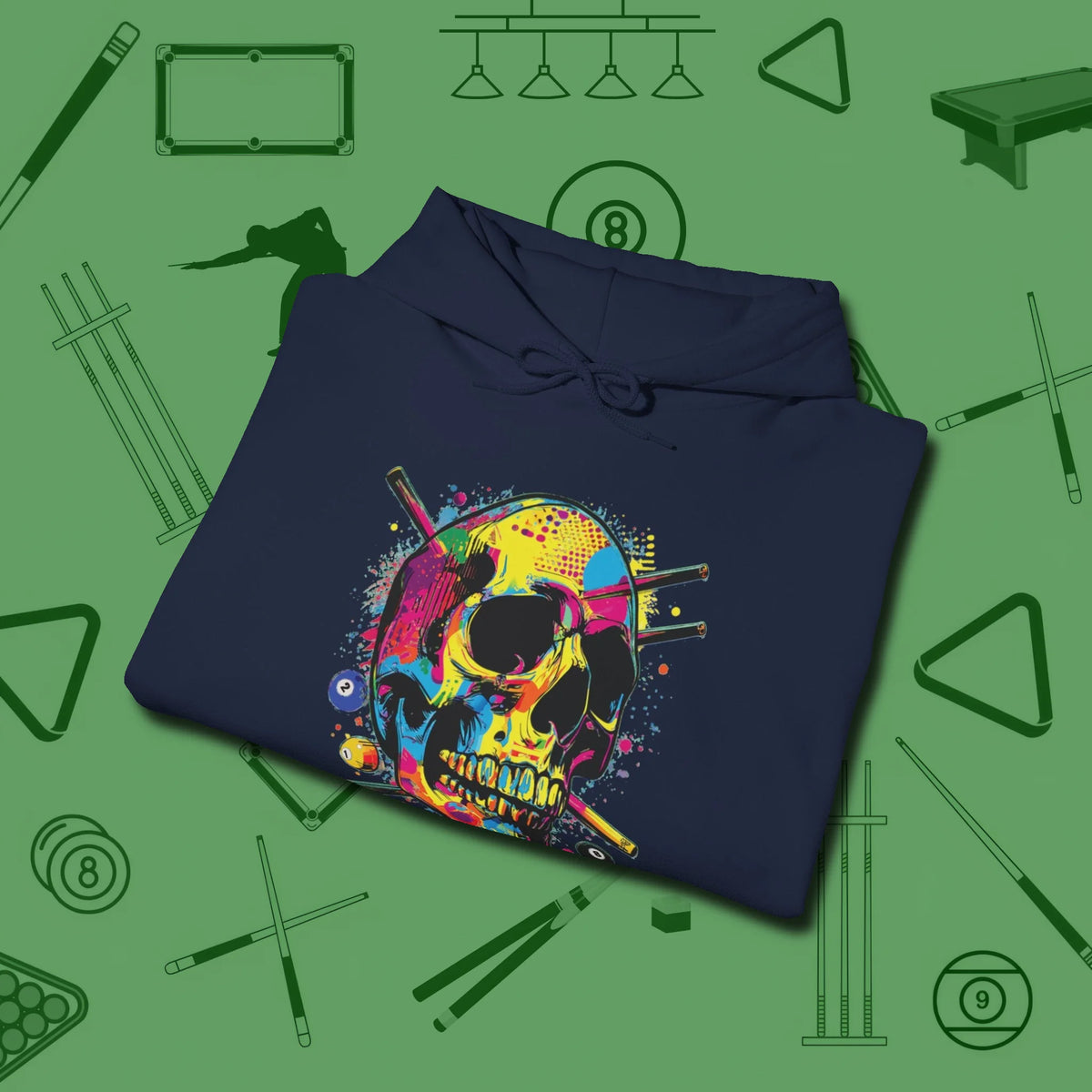 Stabbed Skull Hoodie, folded view, in Navy poolroom style with tournament attitude