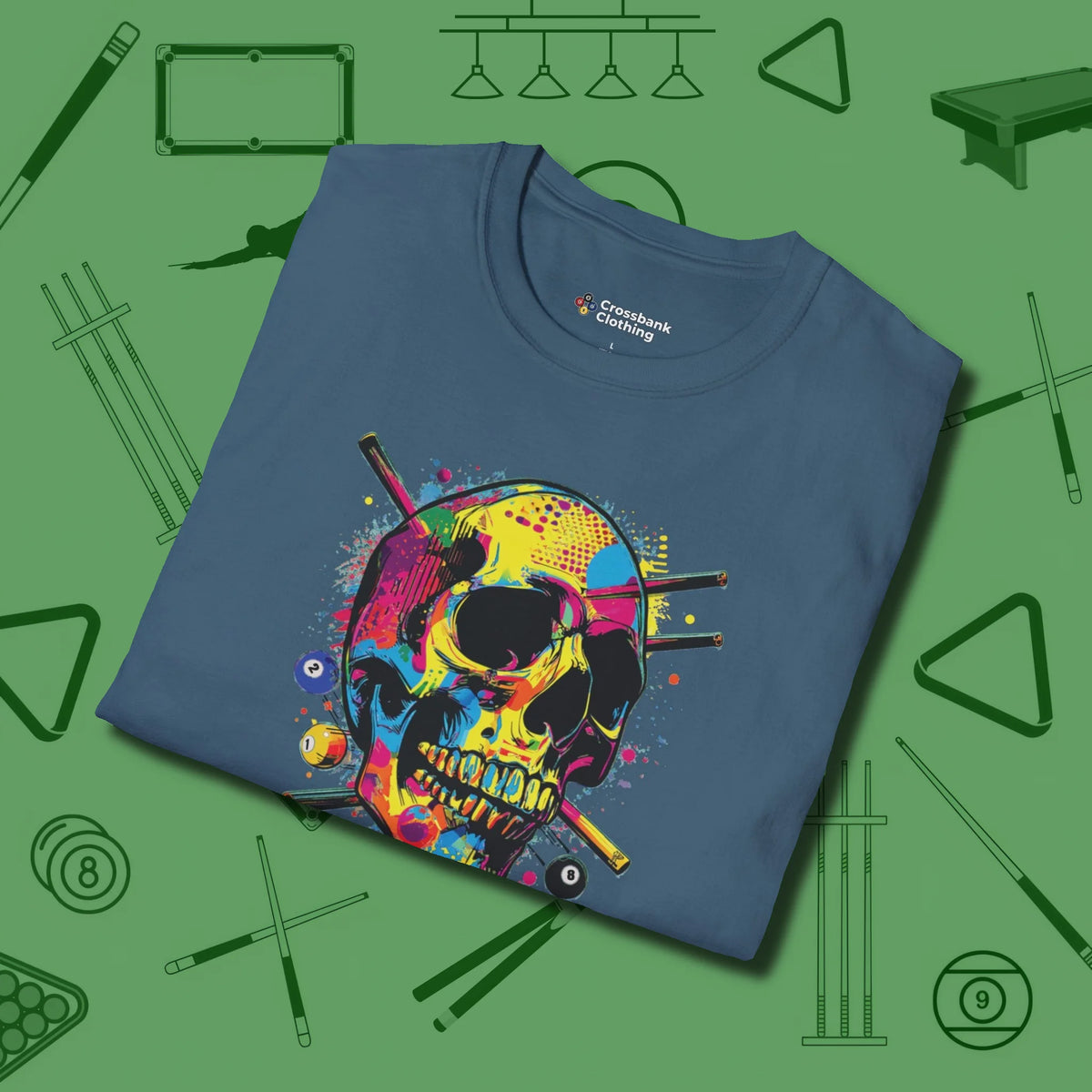 Stabbed Skull T-Shirt, folded view, in Indigo Blue what champions wear between racks