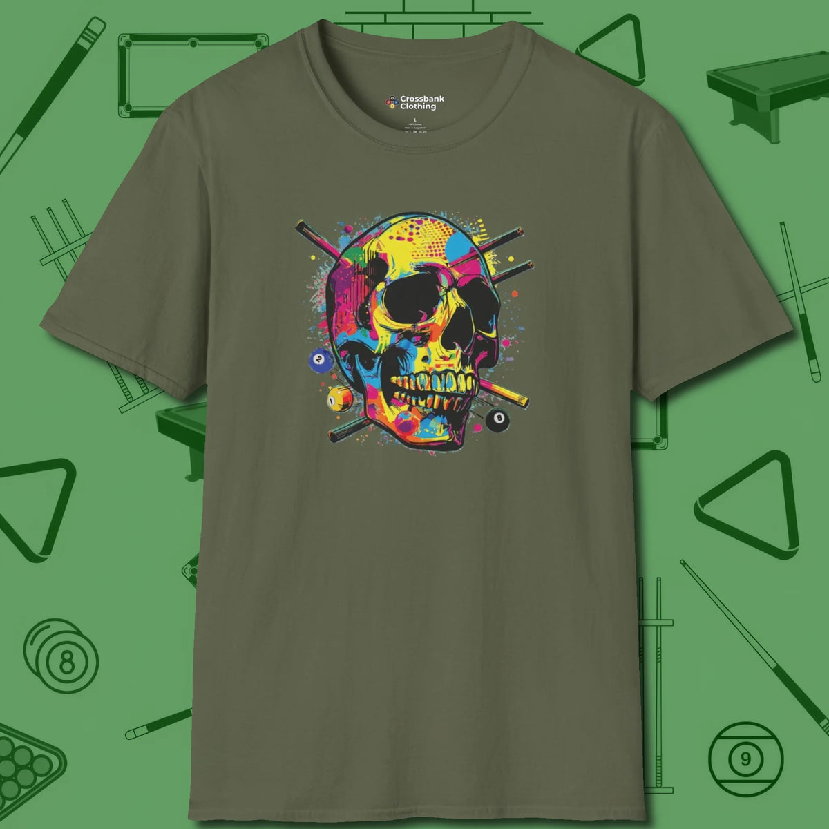 Stabbed Skull T-Shirt, front view, in Military Green an extension of your pool persona