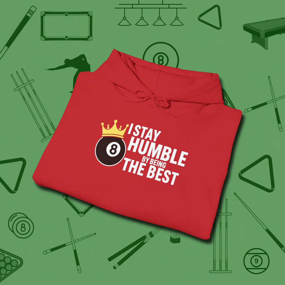 Stay Humble Eight Ball Hoodie, folded view, in Red cue sports swagger done right