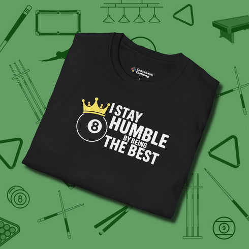 Stay Humble Eight Ball T-Shirt, folded view, in Black an extension of your pool persona