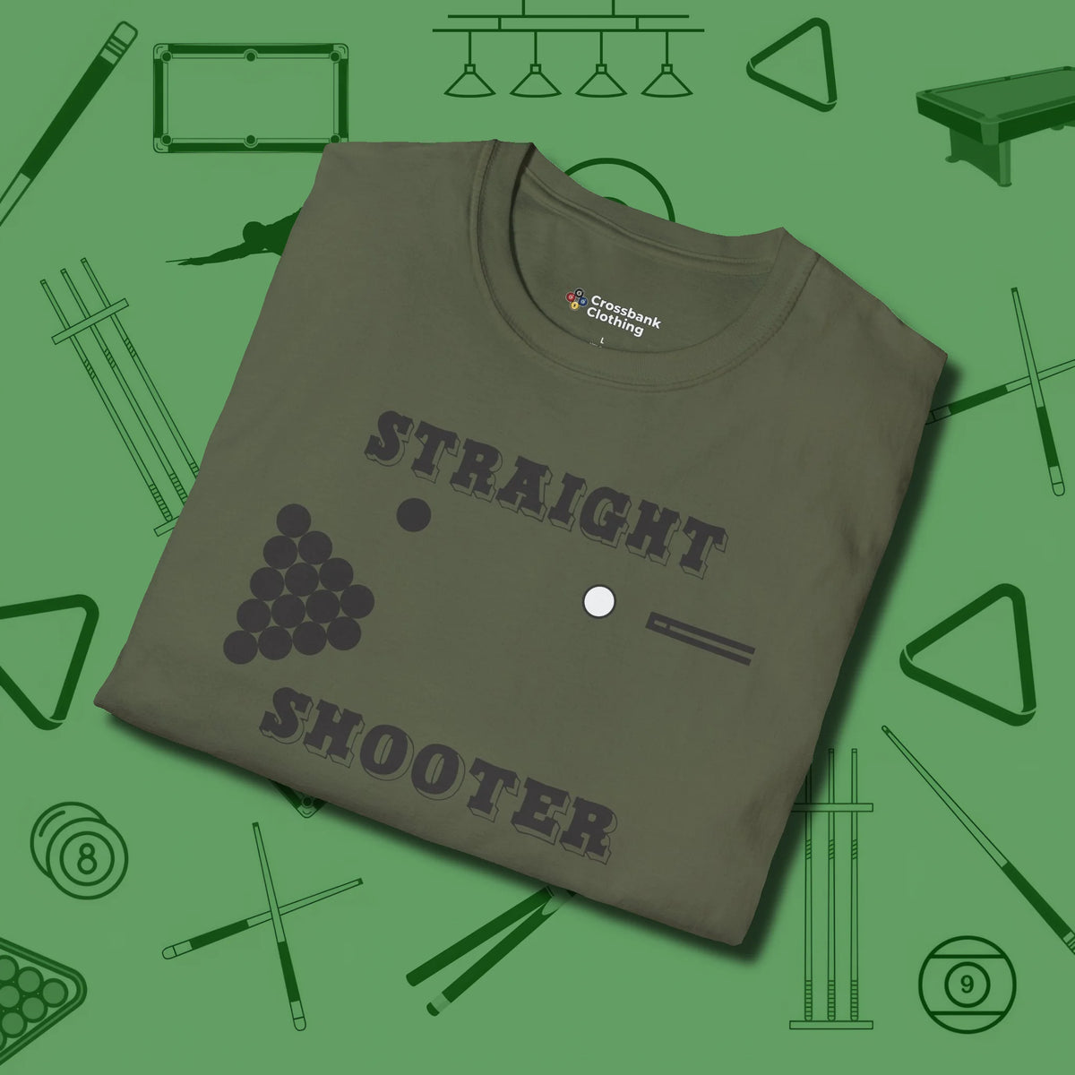 Straight Shooter T-Shirt, folded view, in Military Green for players who live the game
