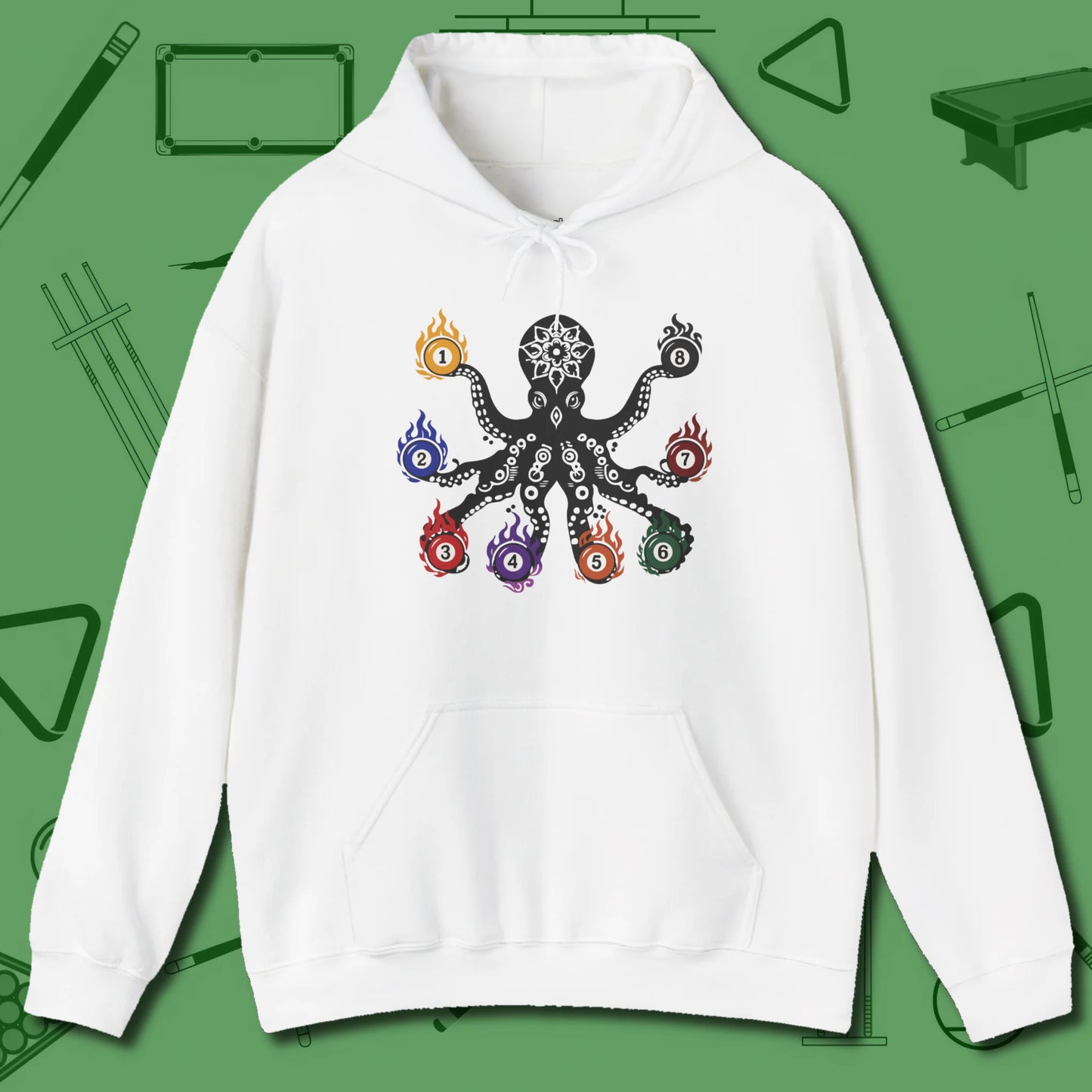 Stripe and Solids Octopus Billiards Hoodie, front view, in White clean look, octopus billiards art