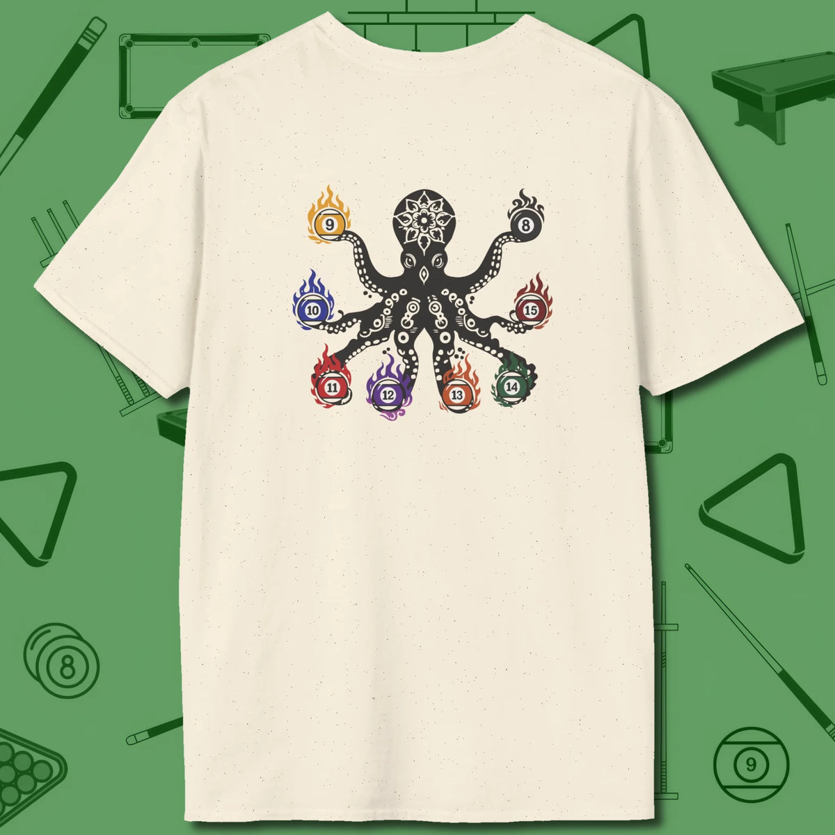 Stripe and Solids Octopus Billiards T-Shirt, back view, in Natural back graphic: octopus billiards