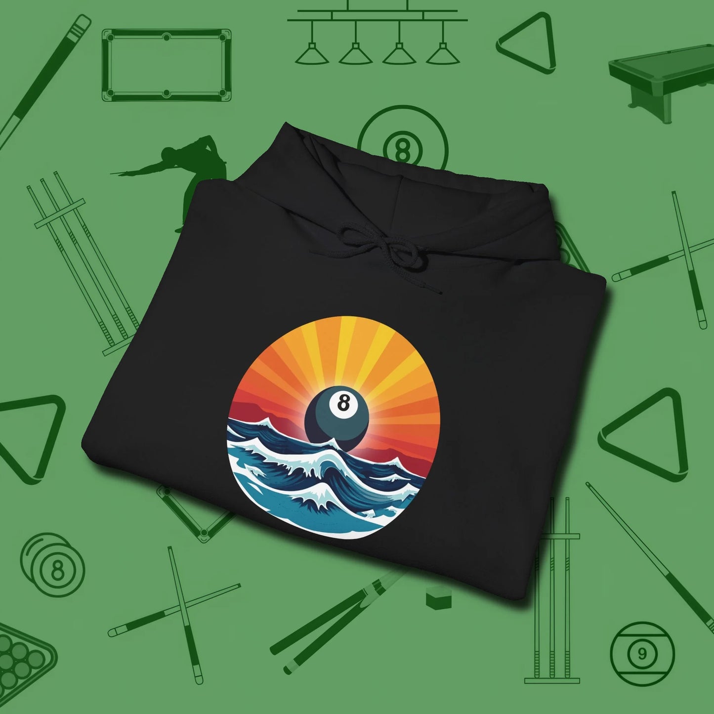 Sunrise Eight Ball Hoodie, folded view, in Black an extension of your pool persona