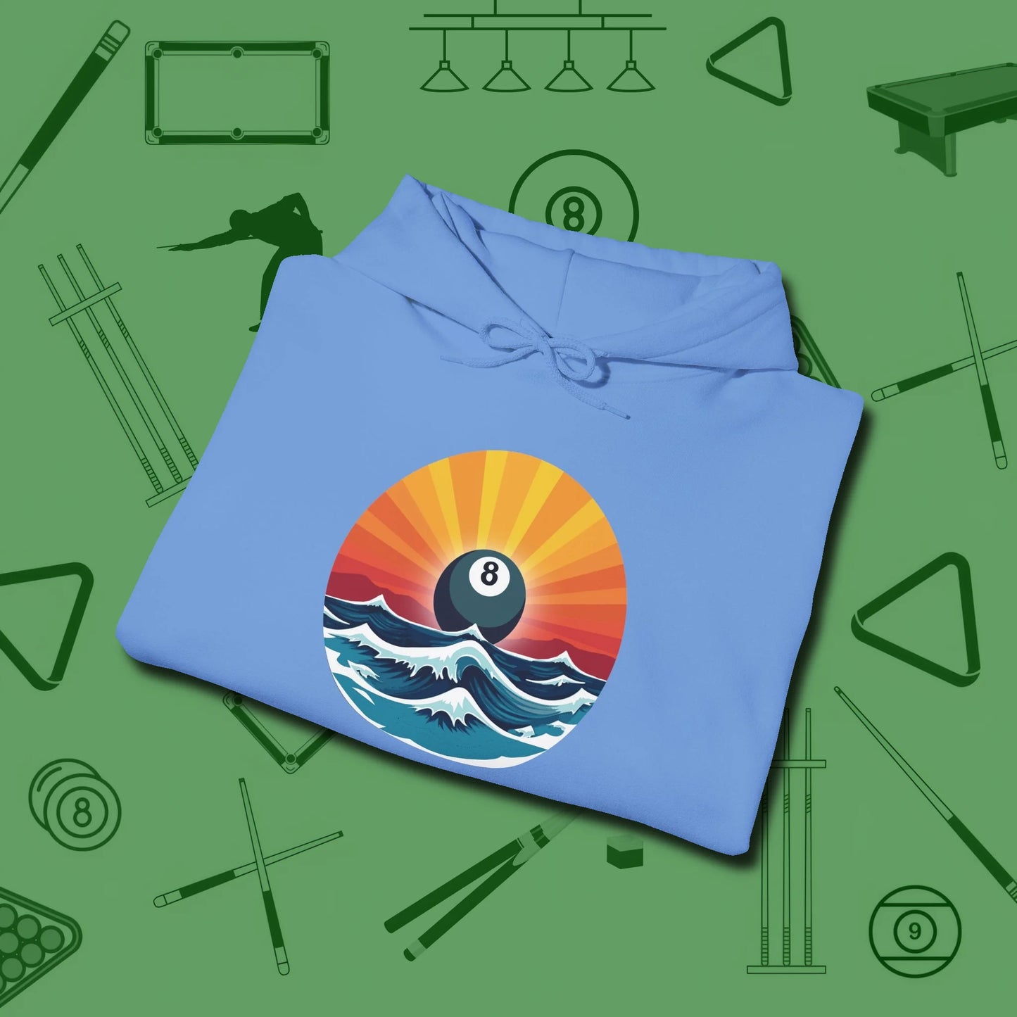 Sunrise Eight Ball Hoodie, folded view, in Carolina Blue the official uniform of the after-hours crew
