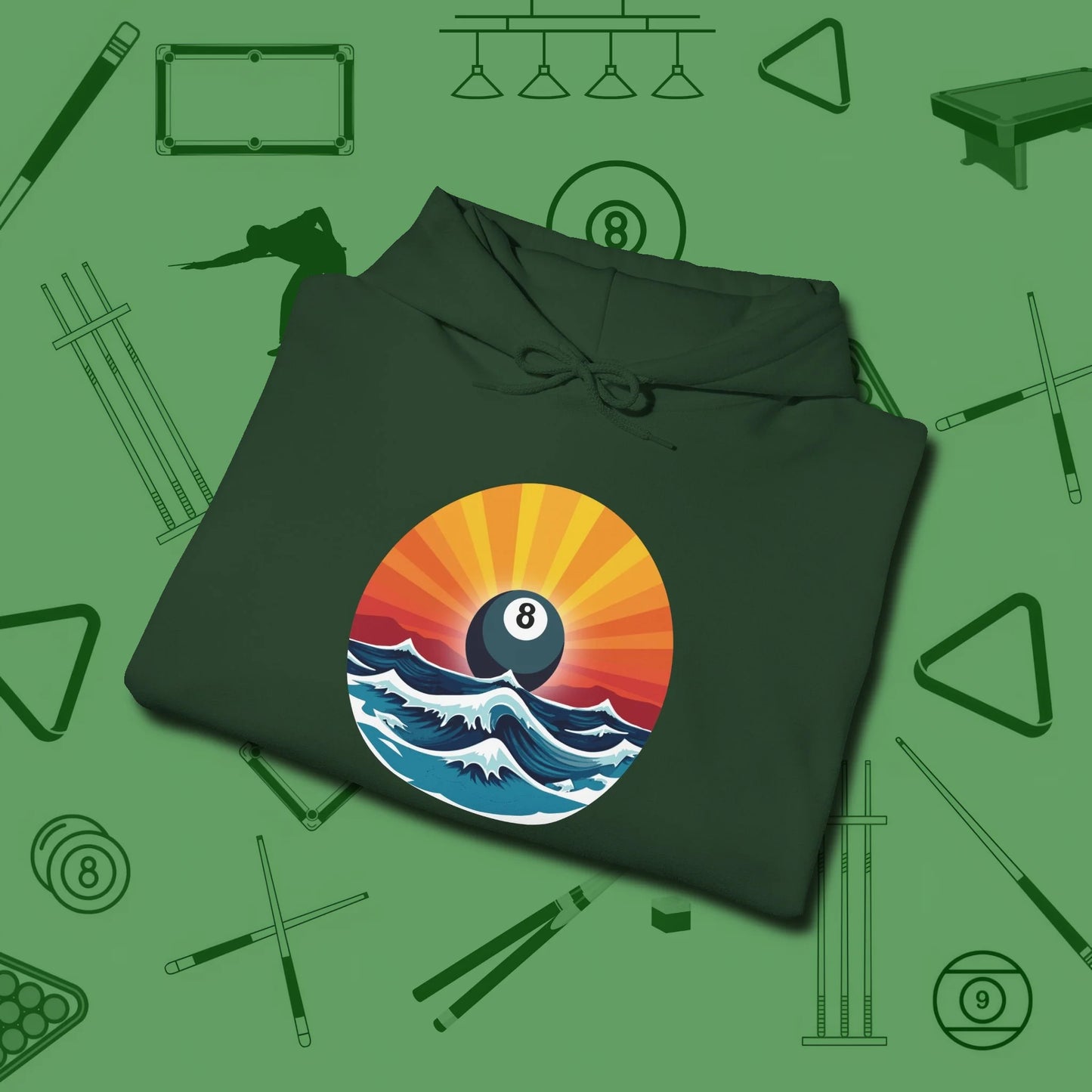Sunrise Eight Ball Hoodie, folded view, in Forest Green where style and cue discipline collide