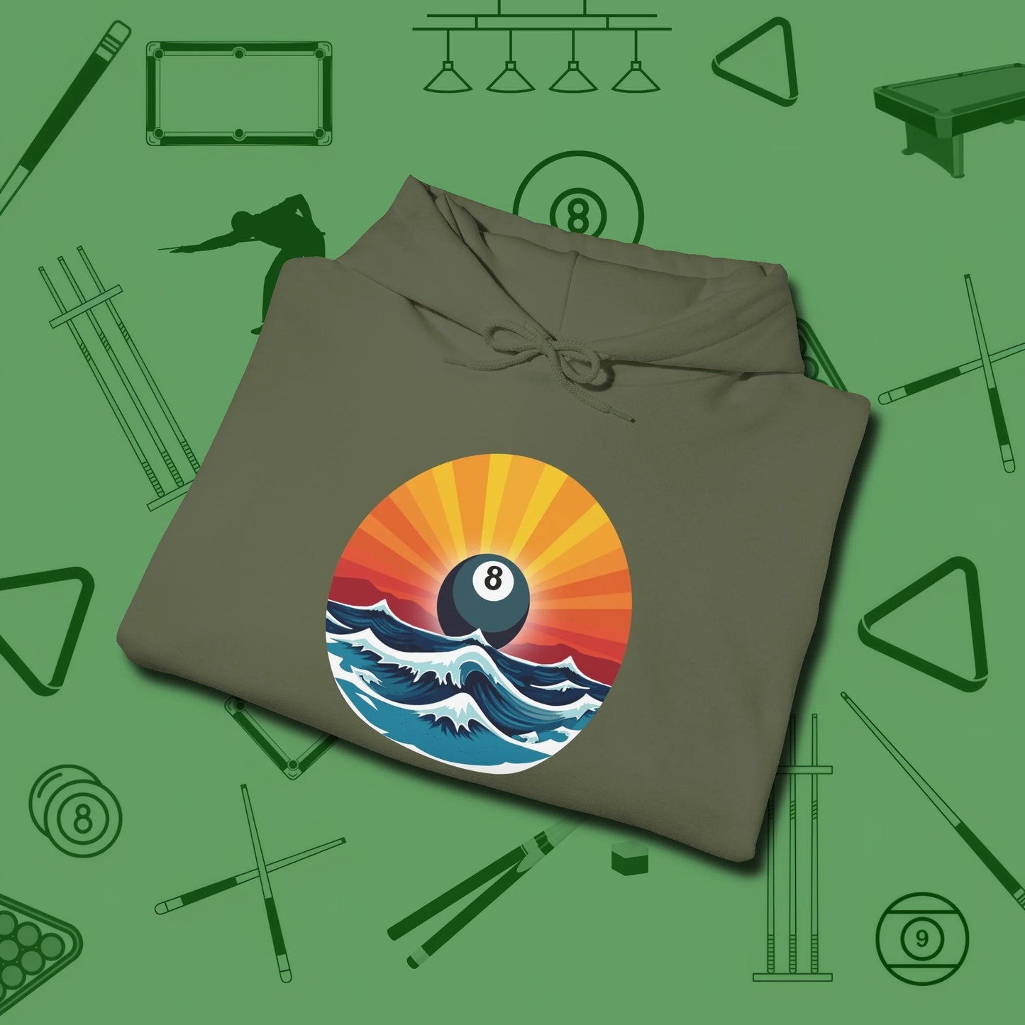 Sunrise Eight Ball Hoodie, folded view, in Military Green make every shot — and outfit — count