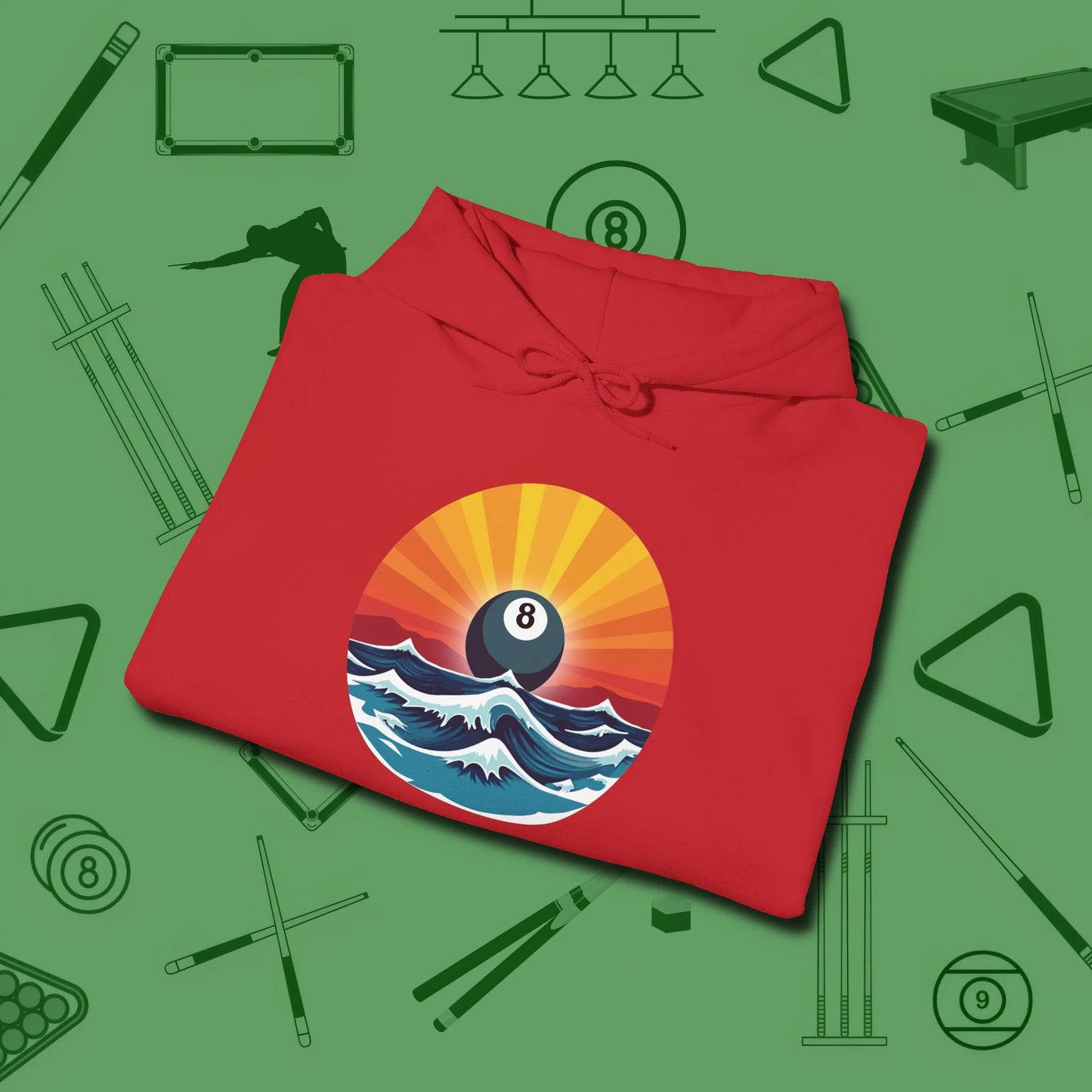 Sunrise Eight Ball Hoodie, folded view, in Red your go-to shirt for league night victories