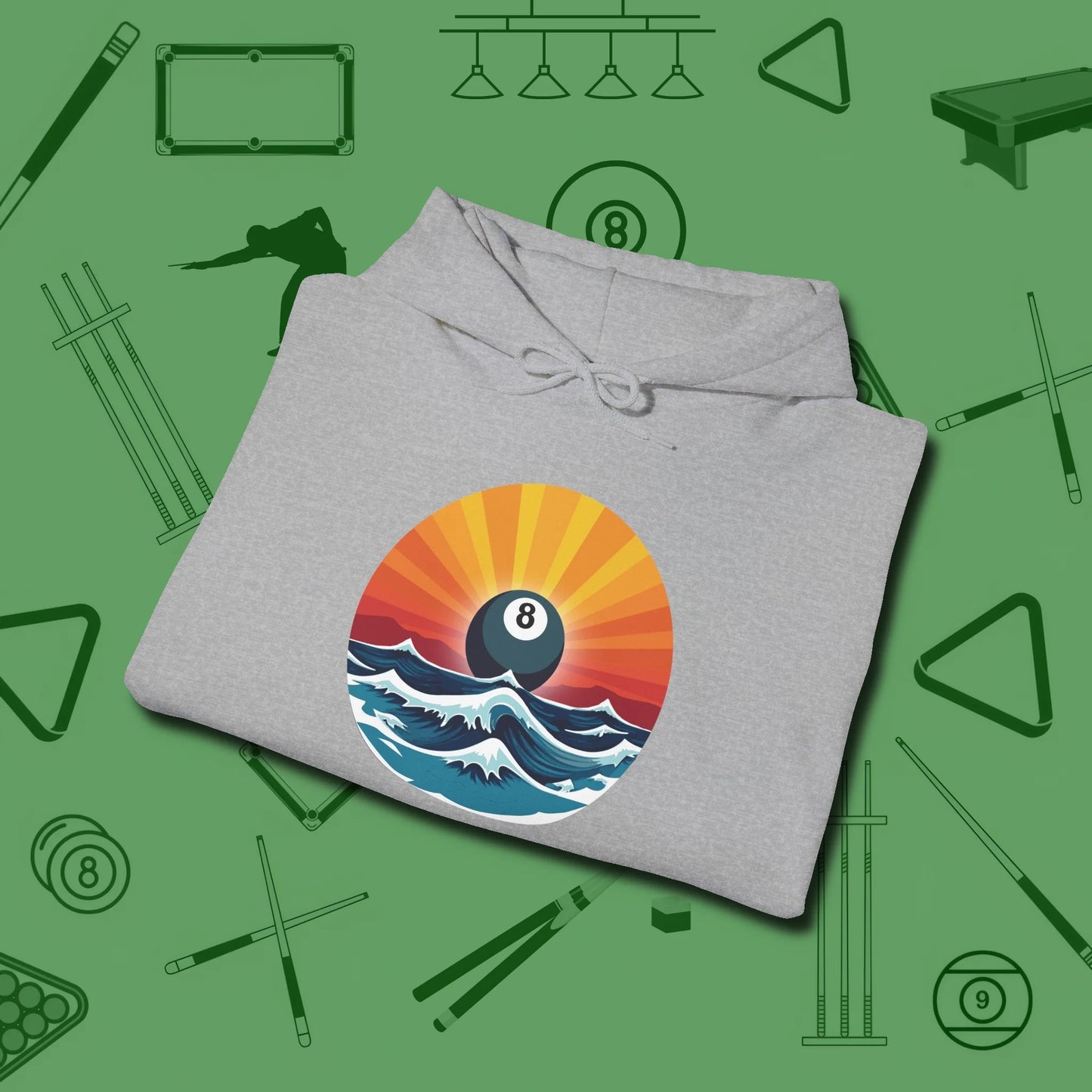 Sunrise Eight Ball Hoodie, folded view, in Sport Grey not your average 8-ball graphic tee