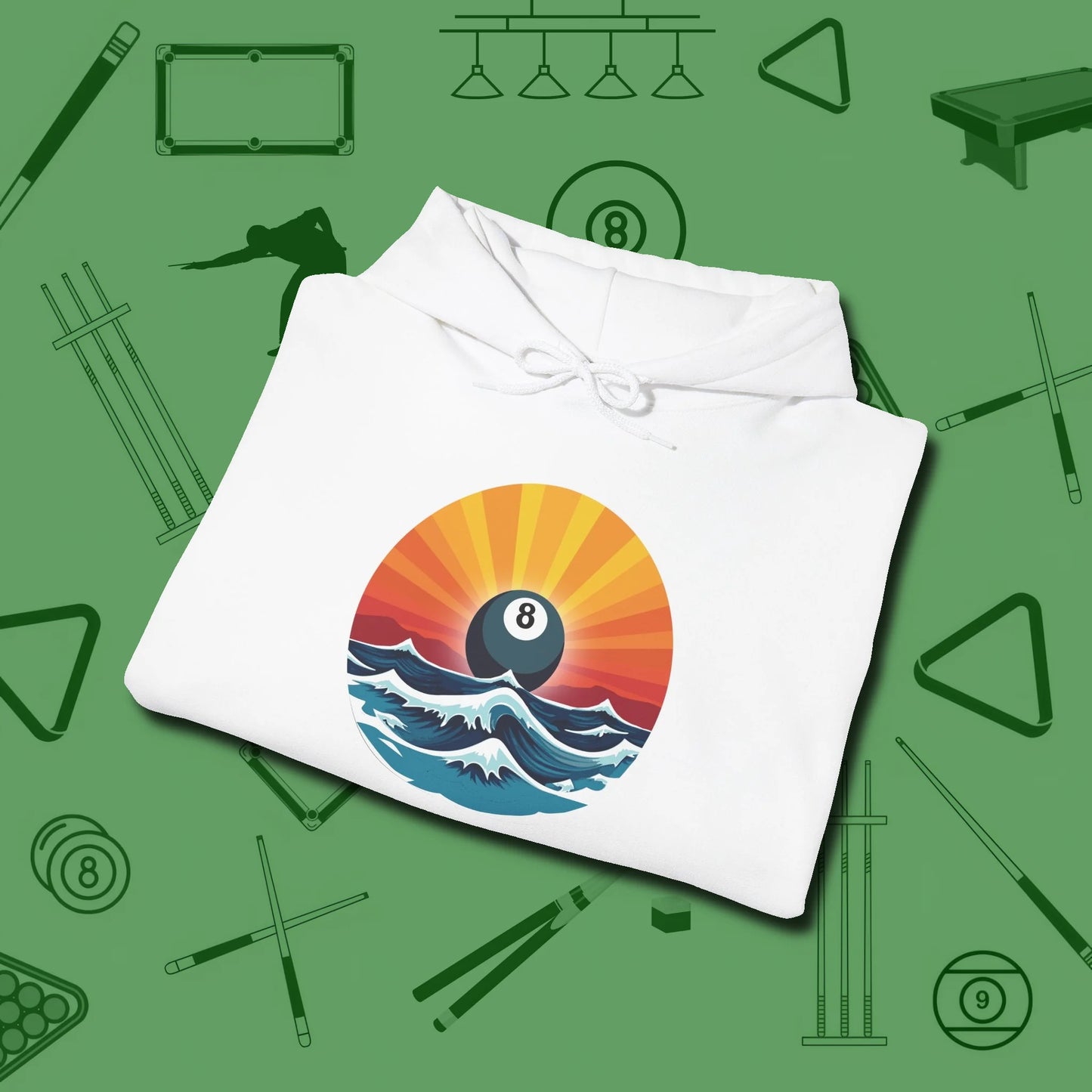 Sunrise Eight Ball Hoodie, folded view, in White clean lines for dirty minds