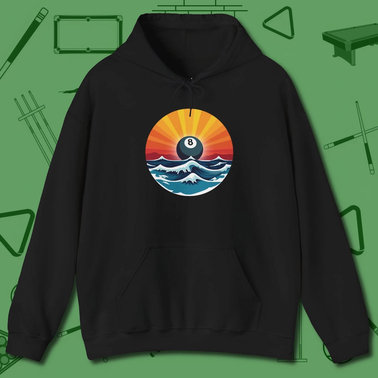 Sunrise Eight Ball Hoodie, front view, in Black for players who live the game