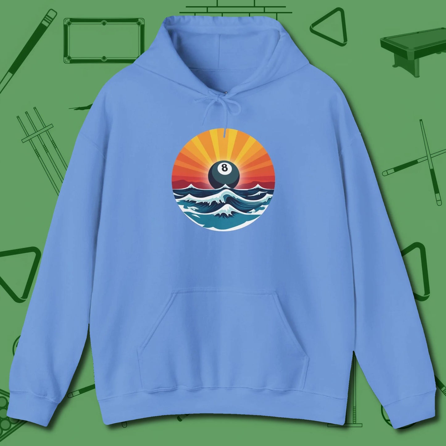 Sunrise Eight Ball Hoodie, front view, in Carolina Blue smart apparel for strategic players