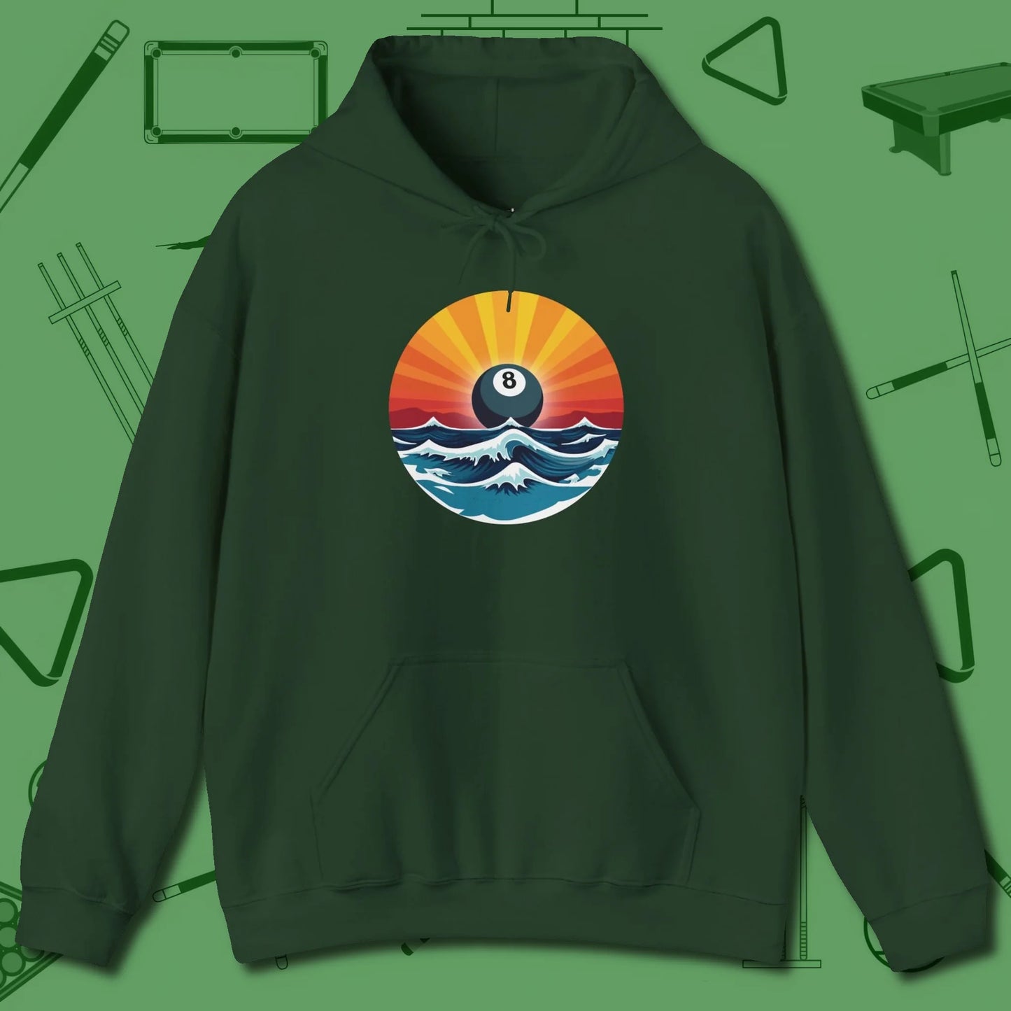 Sunrise Eight Ball Hoodie, front view, in Forest Green earns respect before the first shot