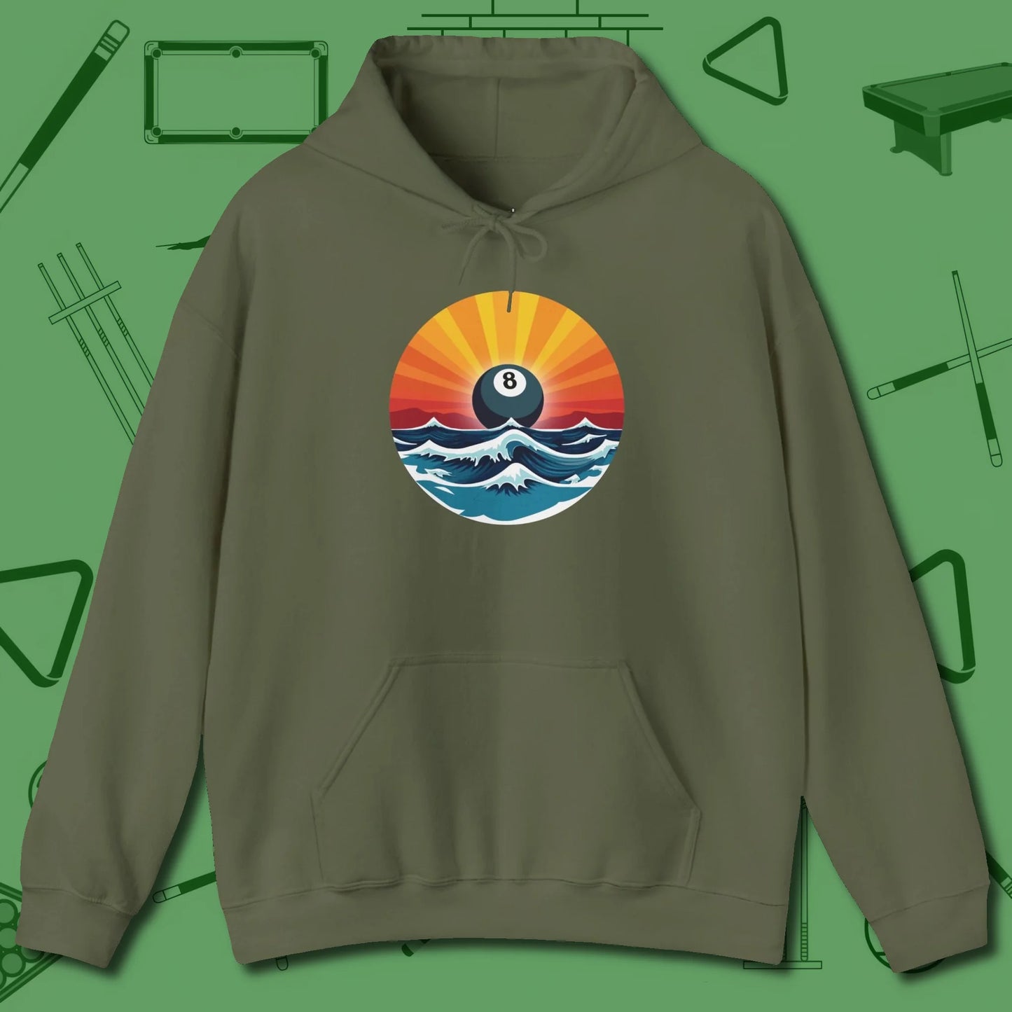 Sunrise Eight Ball Hoodie, front view, in Military Green for players who live the game