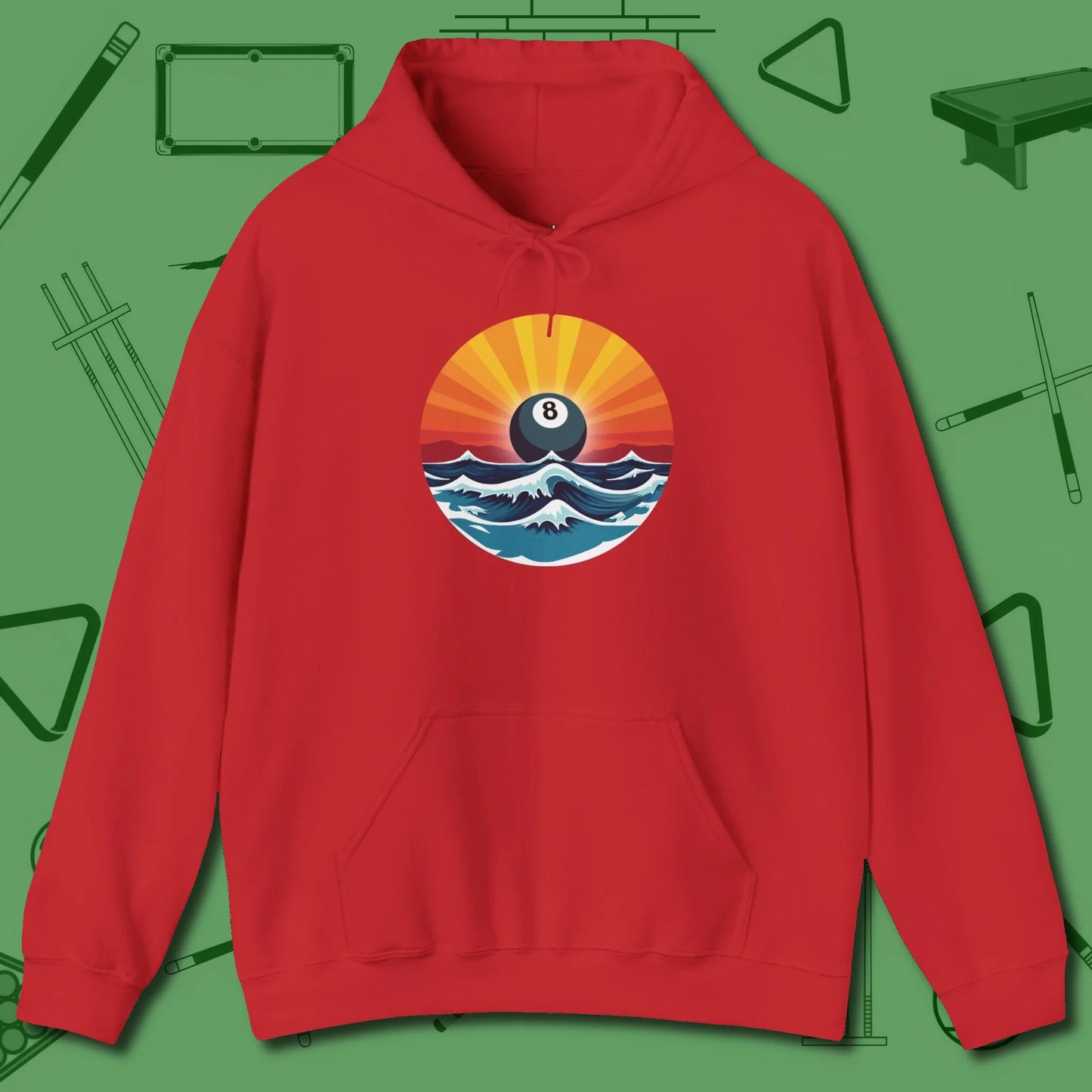 Sunrise Eight Ball Hoodie, front view, in Red cue up respect every time you wear it