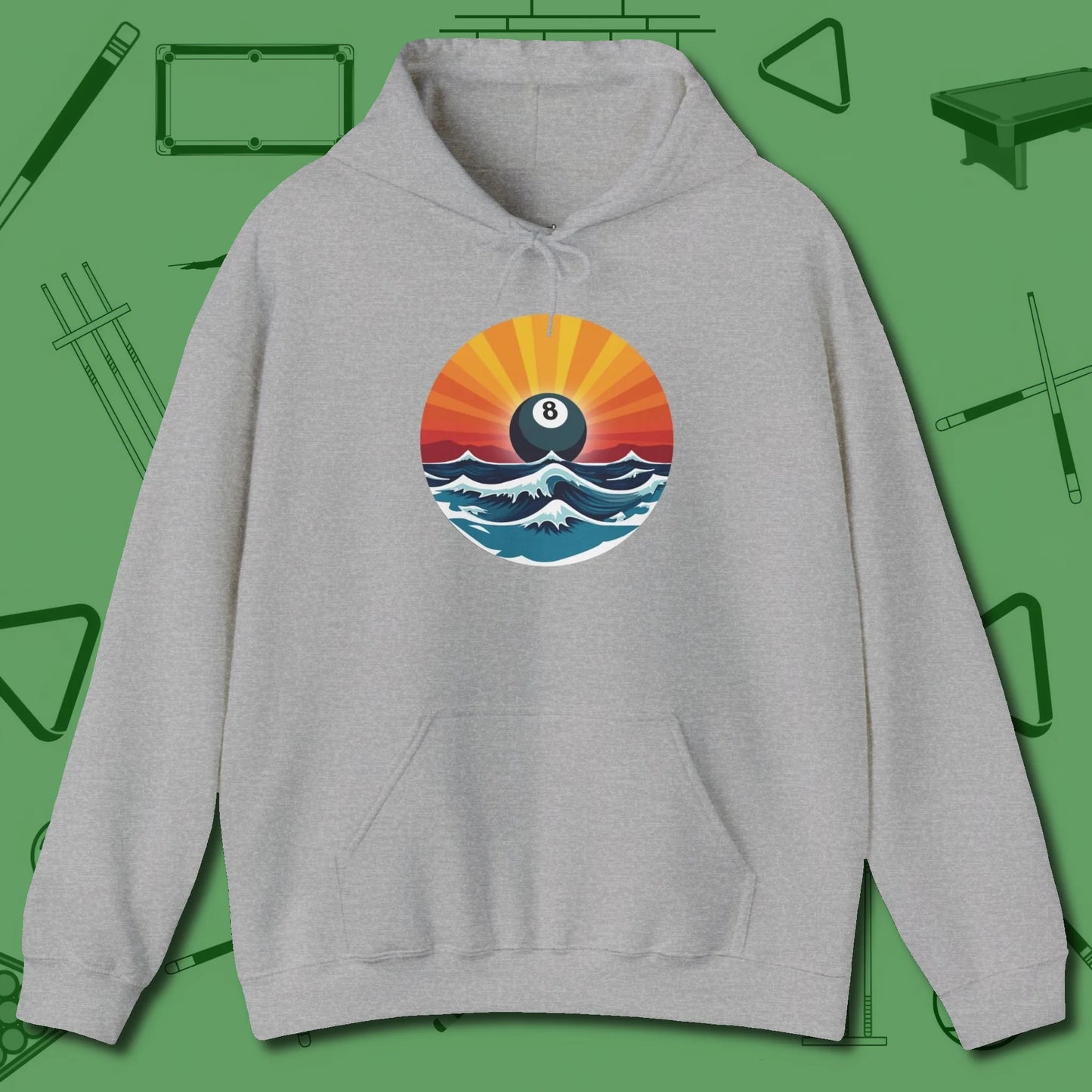 Sunrise Eight Ball Hoodie, front view, in Sport Grey as serious as your stroke