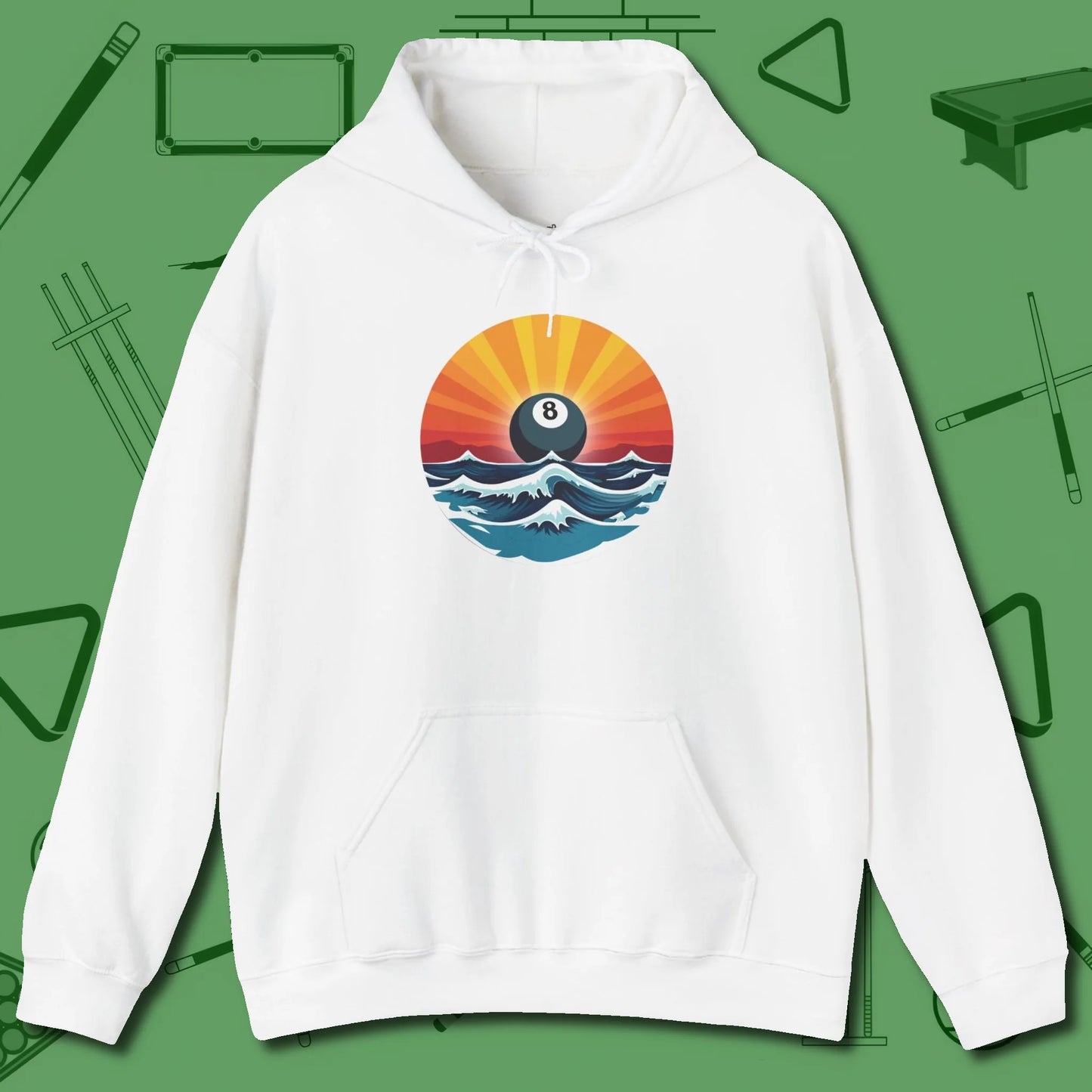 Sunrise Eight Ball Hoodie, front view, in White the official uniform of the after-hours crew