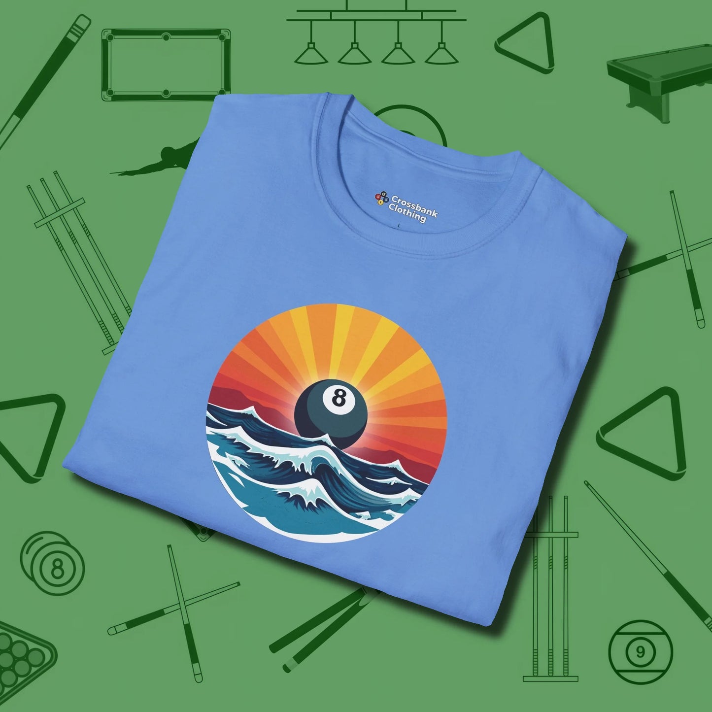 Sunrise Eight Ball T-Shirt, folded view, in Carolina Blue for shooters who dress like they play: sharp