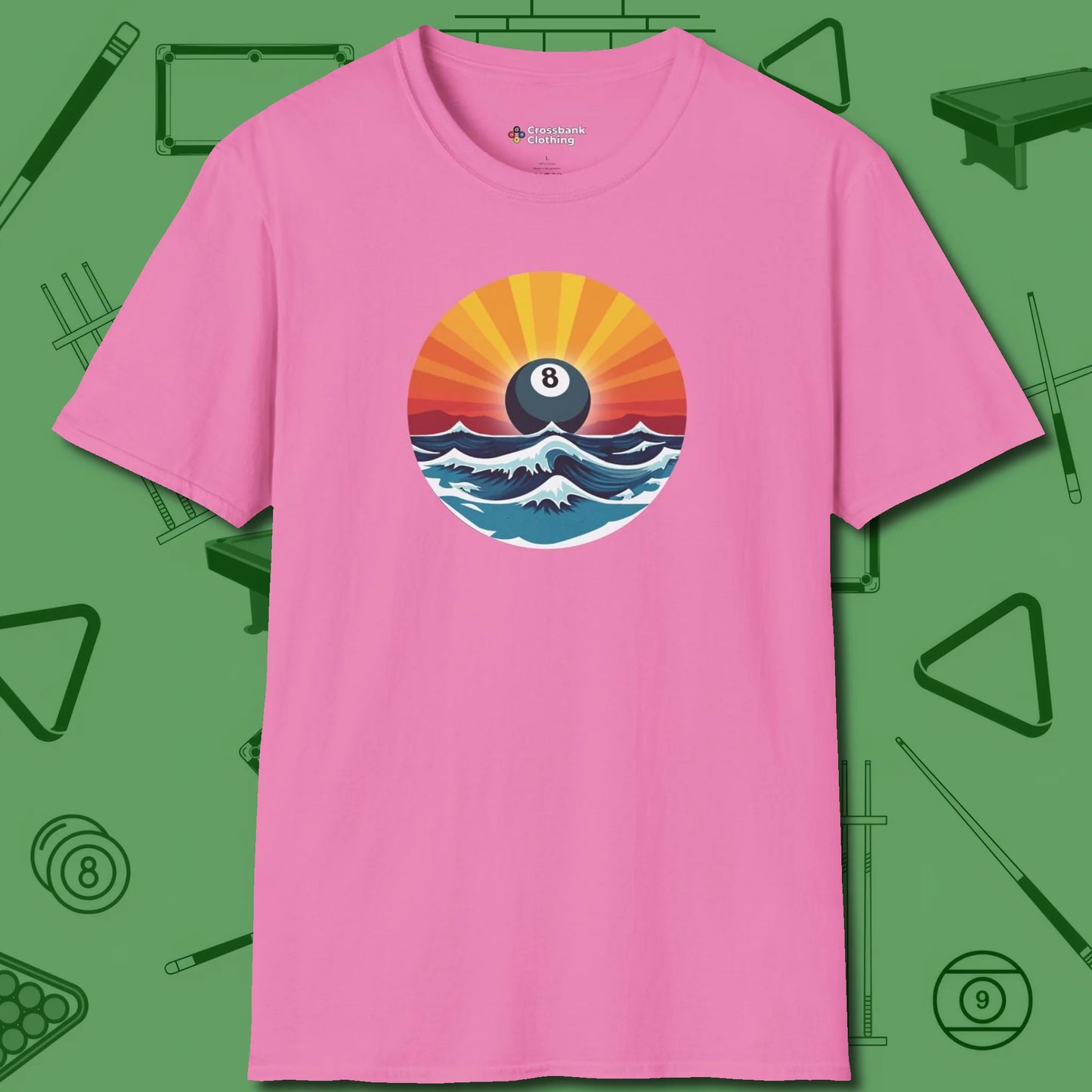 Sunrise Eight Ball T-Shirt, front view, in Azalea confidence stitched in every seam