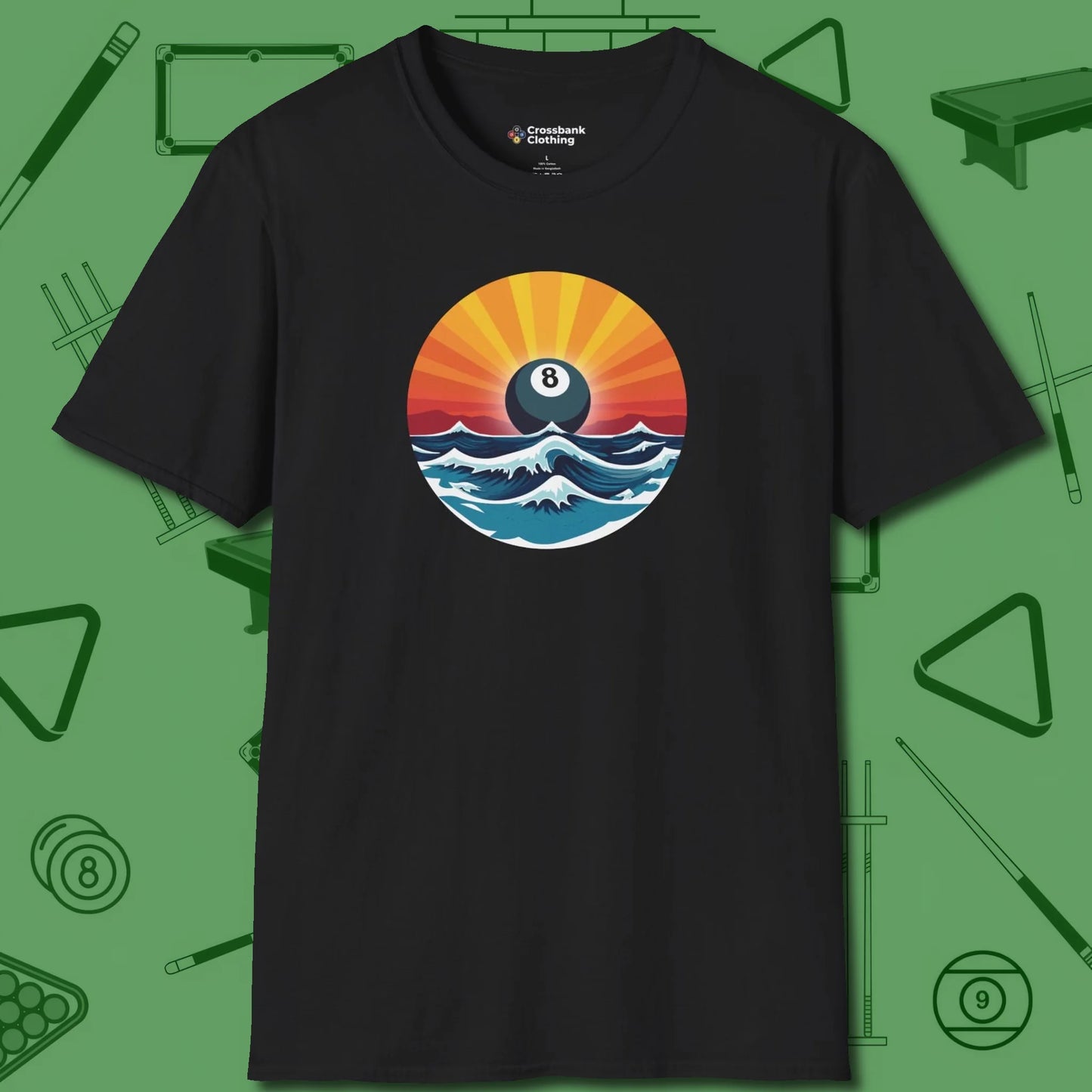 Sunrise Eight Ball T-Shirt, front view, in Black your go-to shirt for league night victories