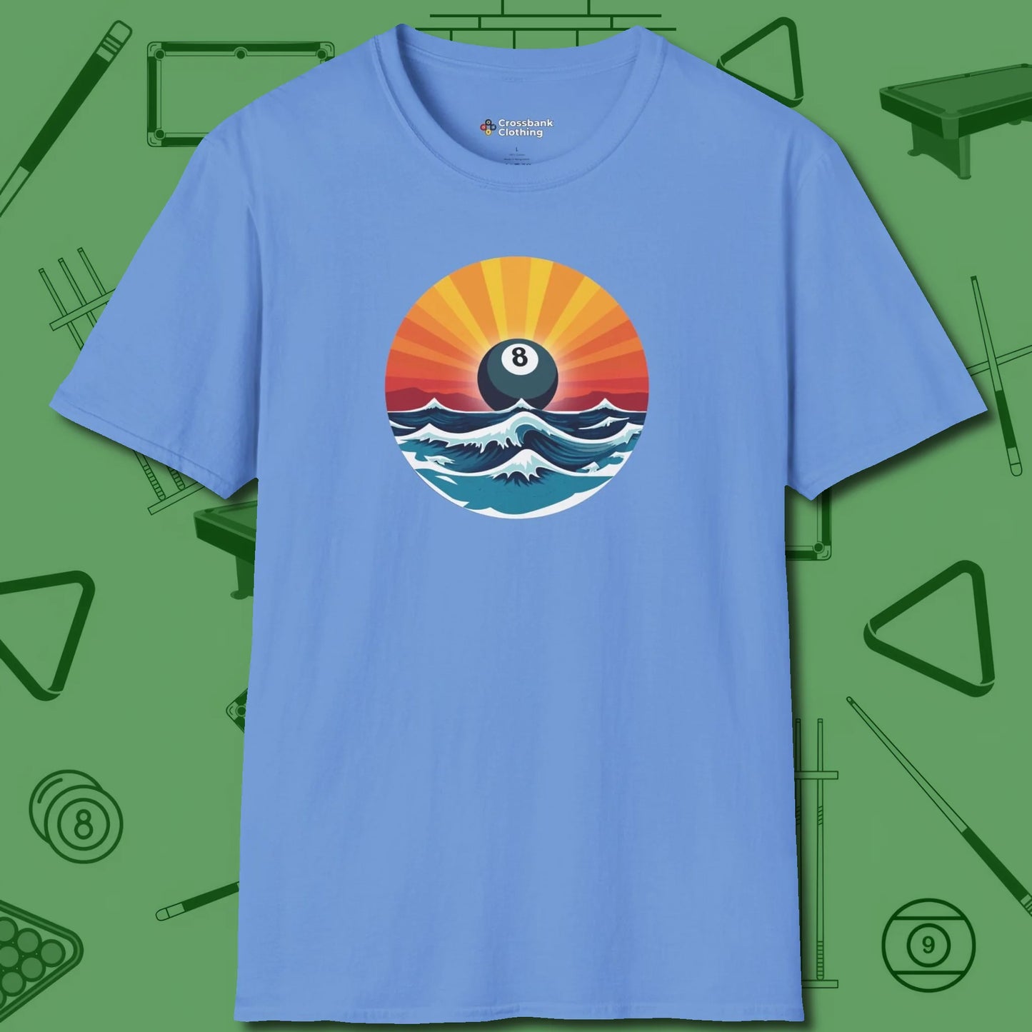 Sunrise Eight Ball T-Shirt, front view, in Carolina Blue clean lines for dirty minds