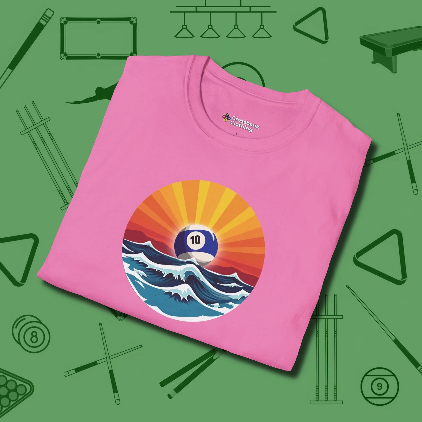 Sunrise Ten Ball T-Shirt, folded view, in Azalea designed for dead stroke and deadpan looks
