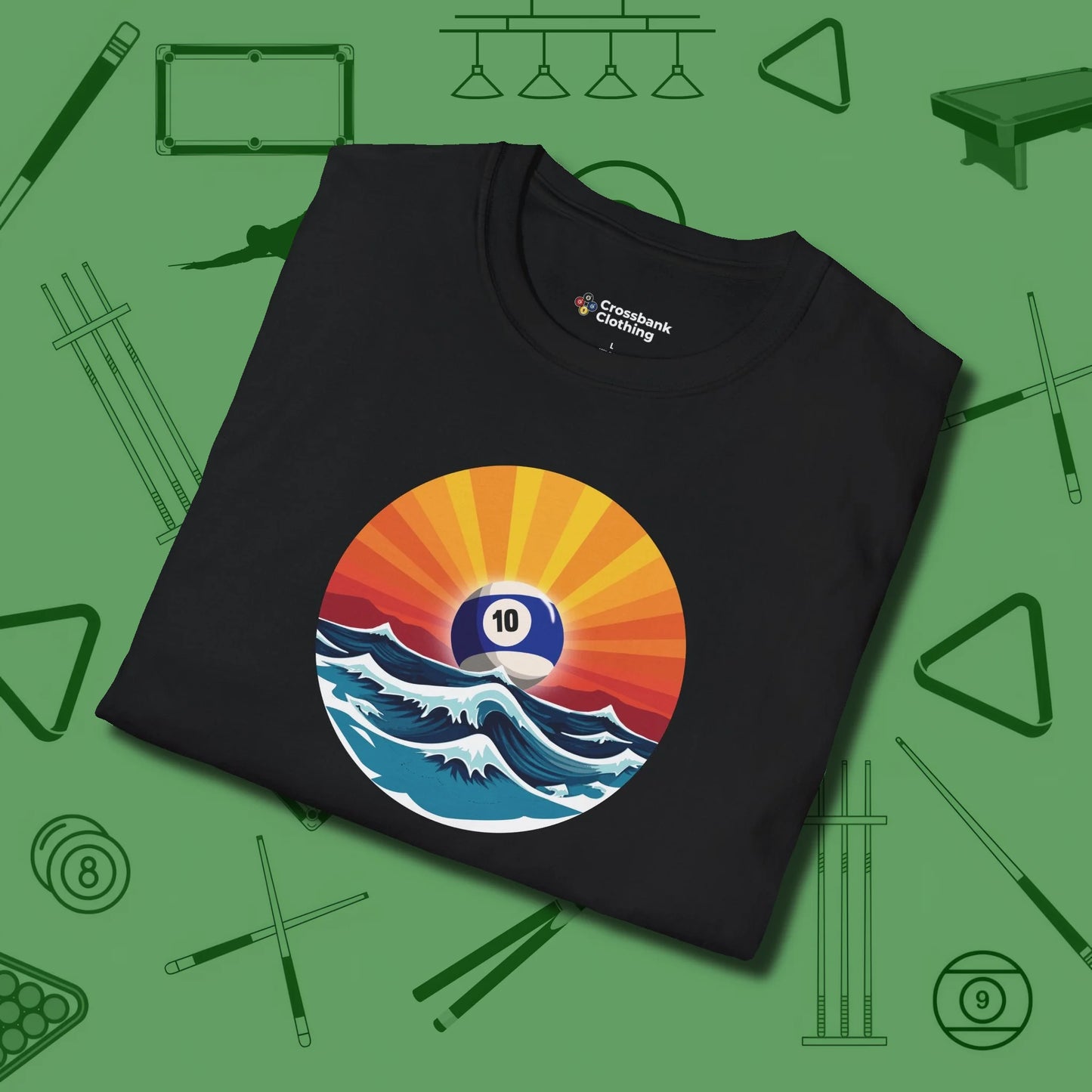 Sunrise Ten Ball T-Shirt, folded view, in Black stitched for cue discipline and cool confidence