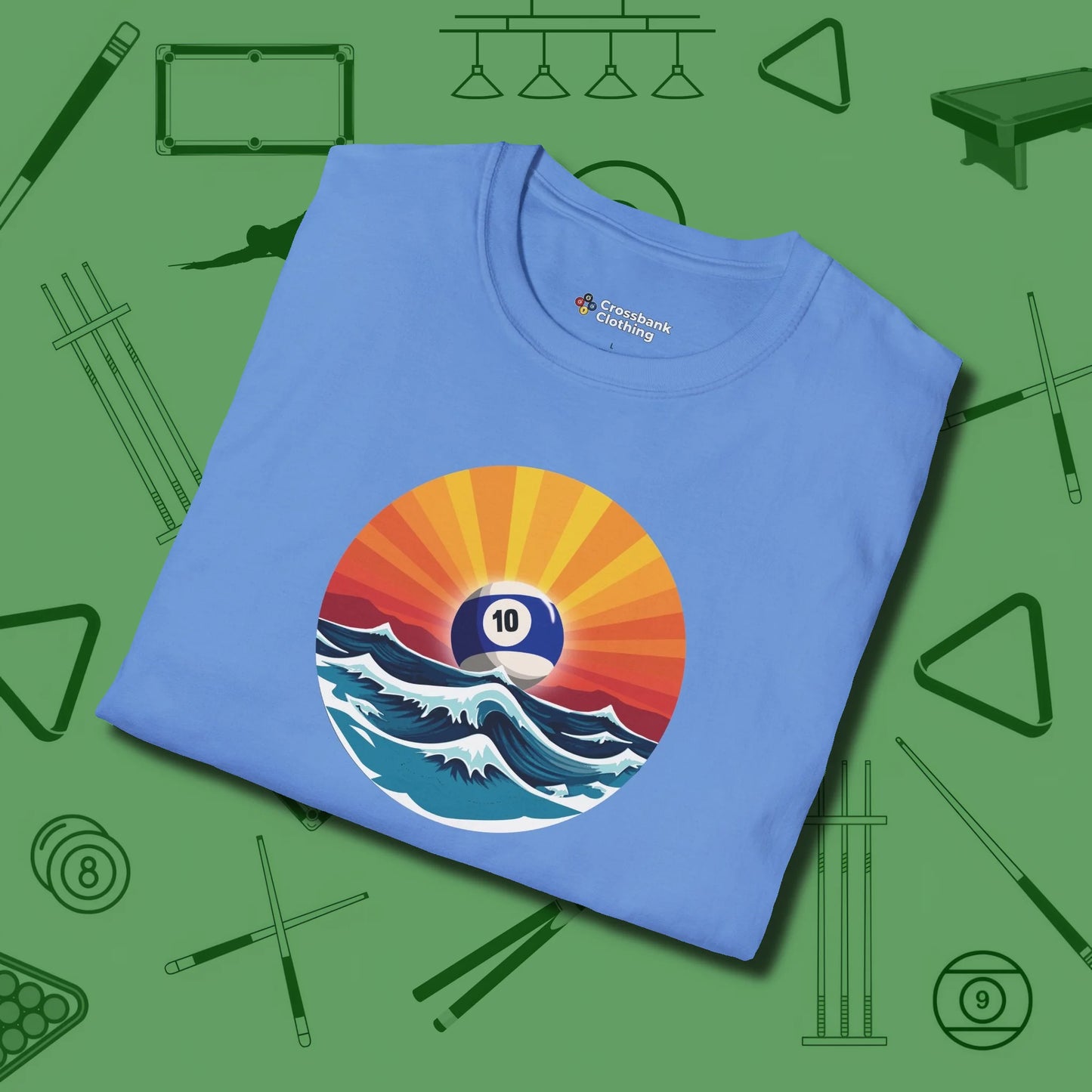Sunrise Ten Ball T-Shirt, folded view, in Carolina Blue break, run out, turn heads — repeat