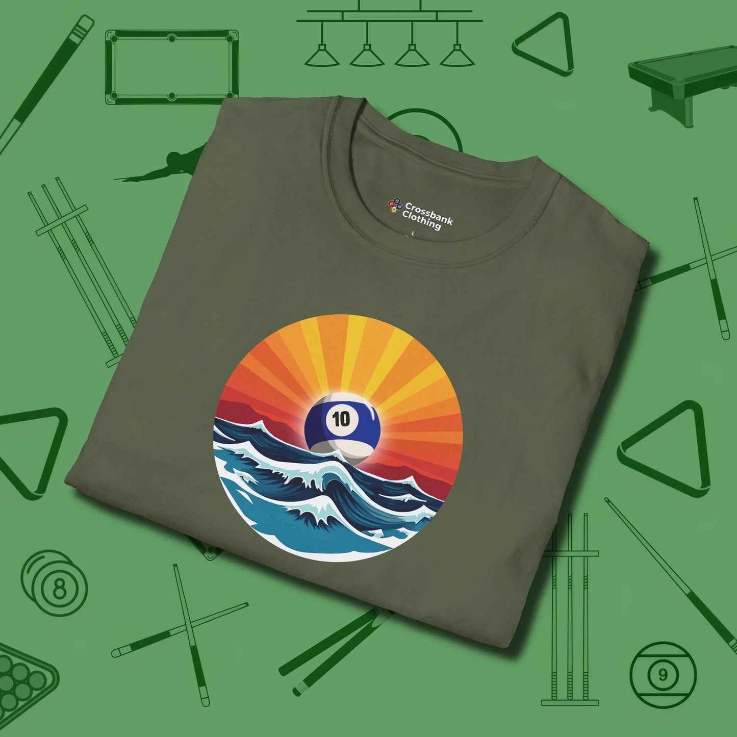 Sunrise Ten Ball T-Shirt, folded view, in Military Green strike fear with swagger and precision